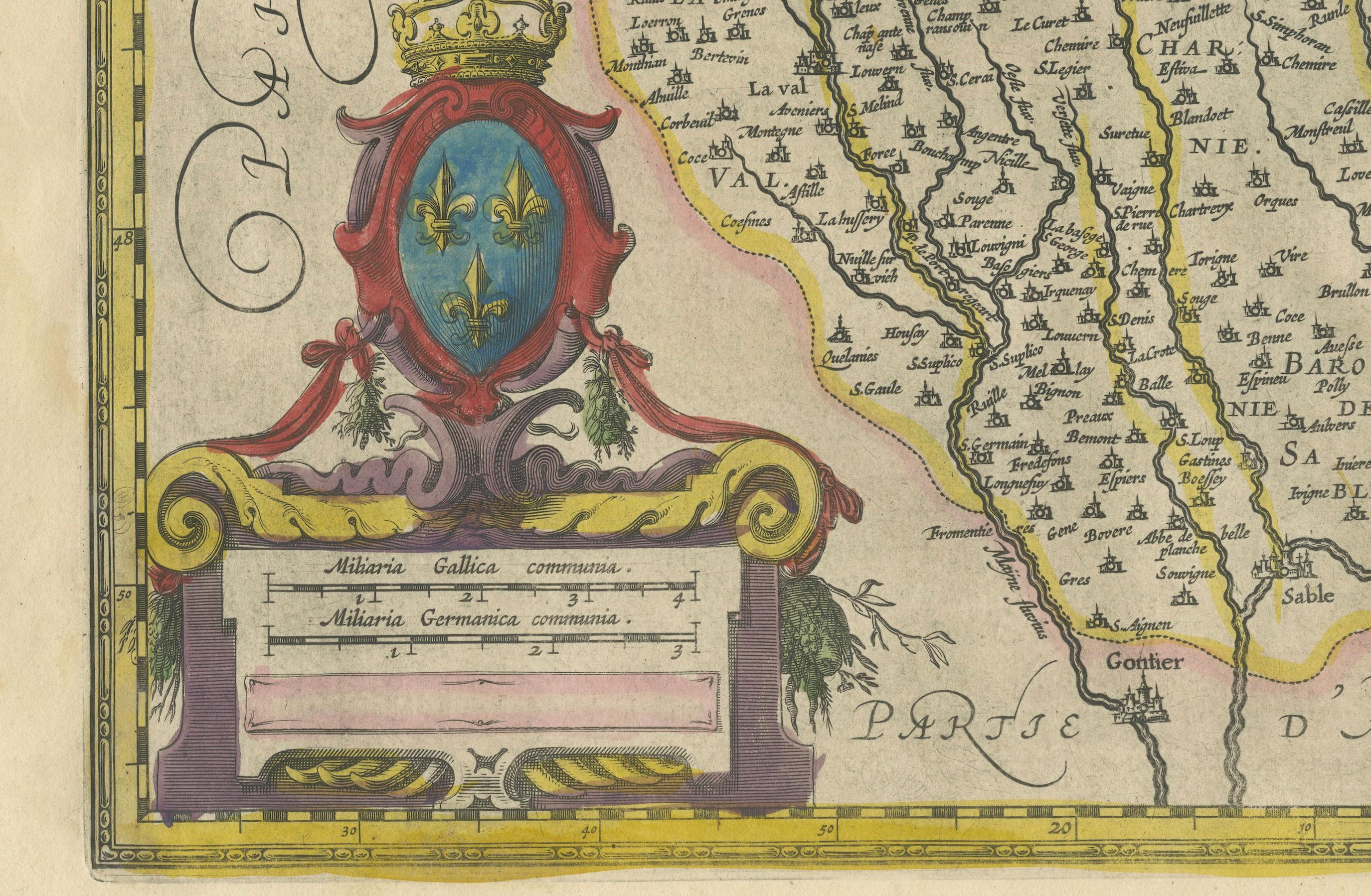 Karte von Le Maine von H. Hondius, 1633, handkoloriert, dekorativ und historisch (Papier) im Angebot