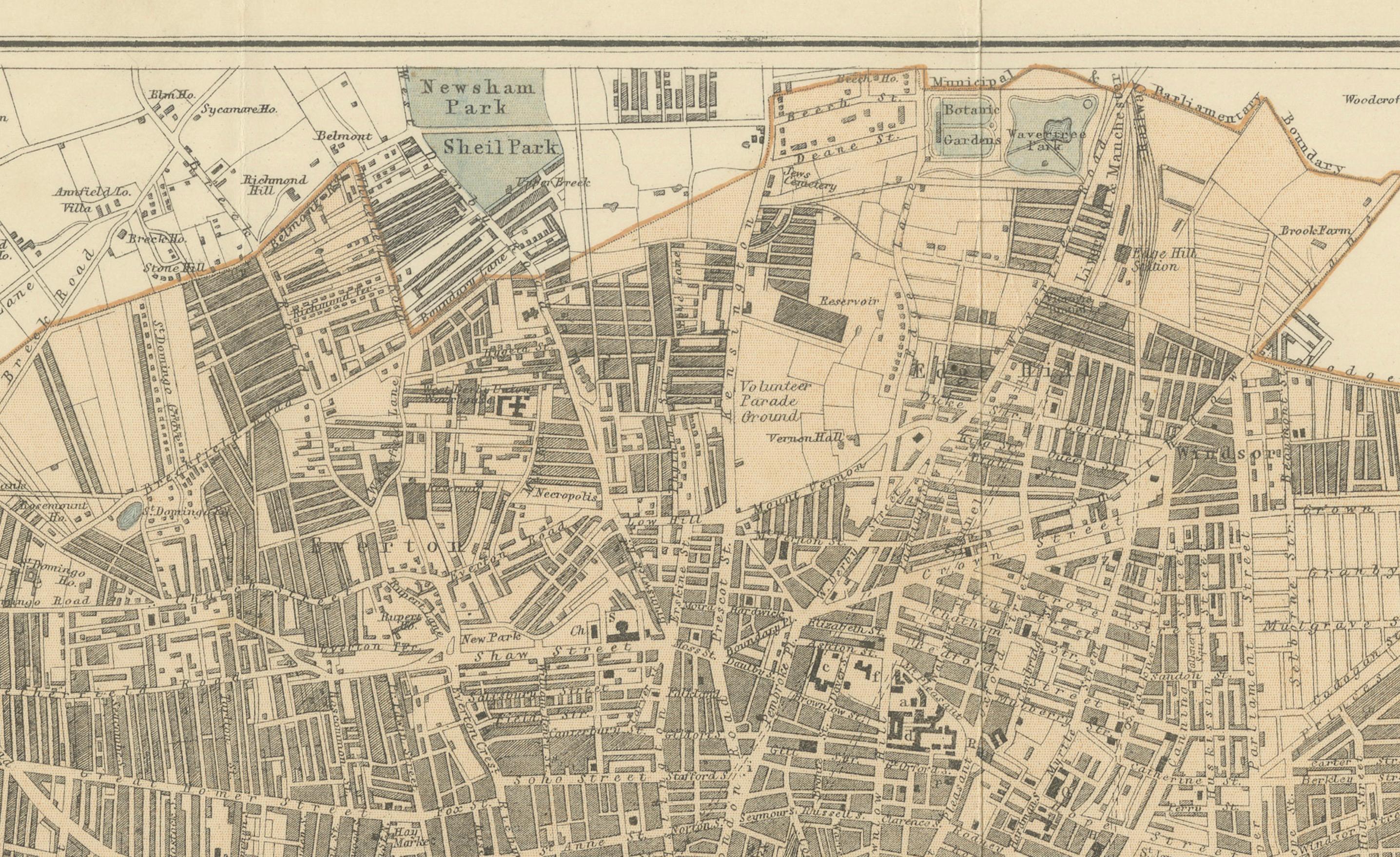 Map of Liverpool and Birkenhead by J. Bartholomew, circa 1880, with key buildings

Detailed city plan titled 'Liverpool and Birkenhead with the surrounding districts', drawn by J. Bartholomew. Shows Liverpool north to south across the River Mersey,