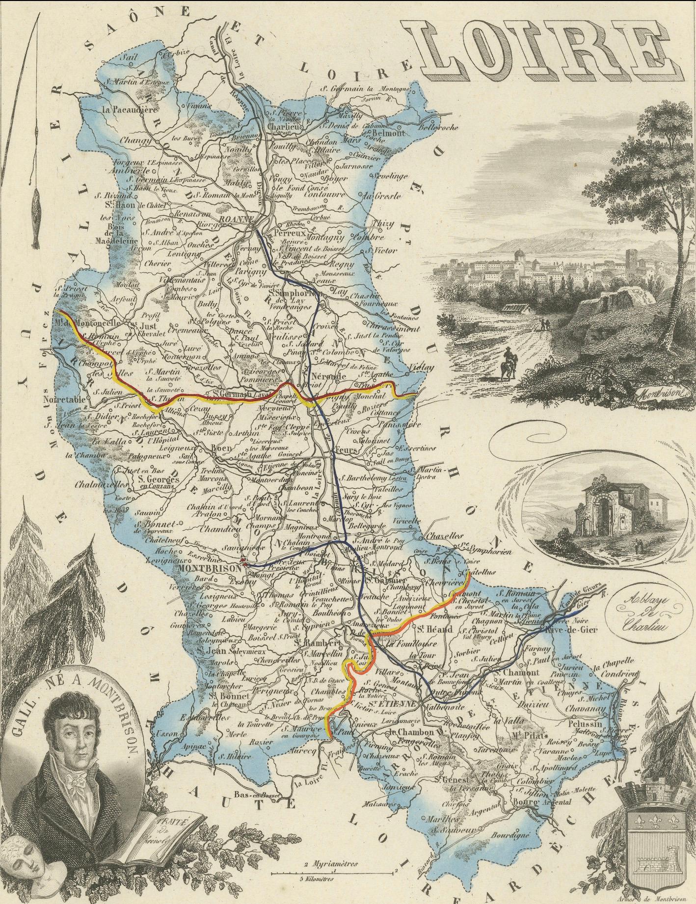 Français Carte de la Loire avec Saint-Étienne et Montbrison par Vuillemin, C.C. en vente
