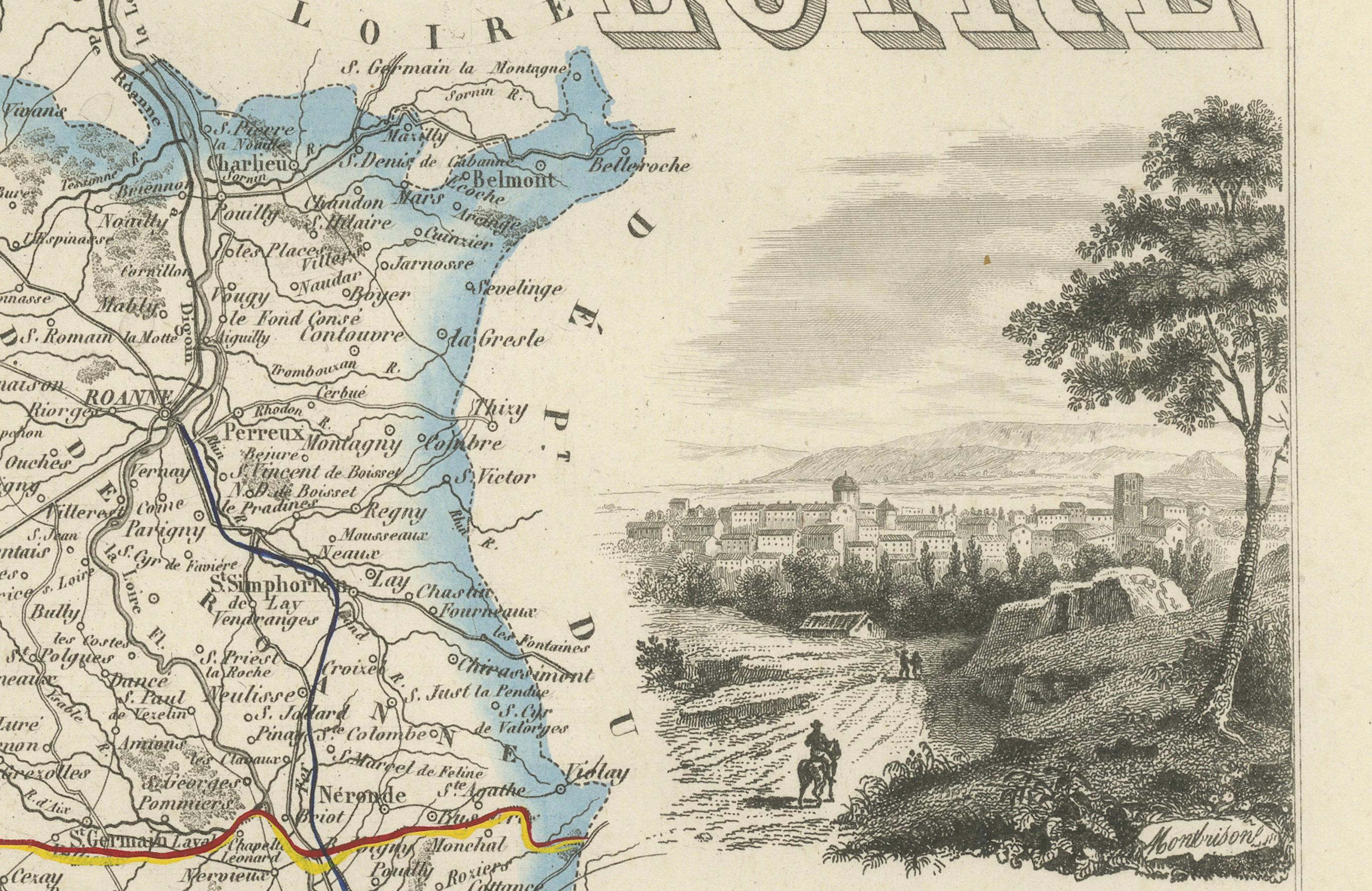 Gravé Carte de la Loire avec Saint-Étienne et Montbrison par Vuillemin, C.C. en vente