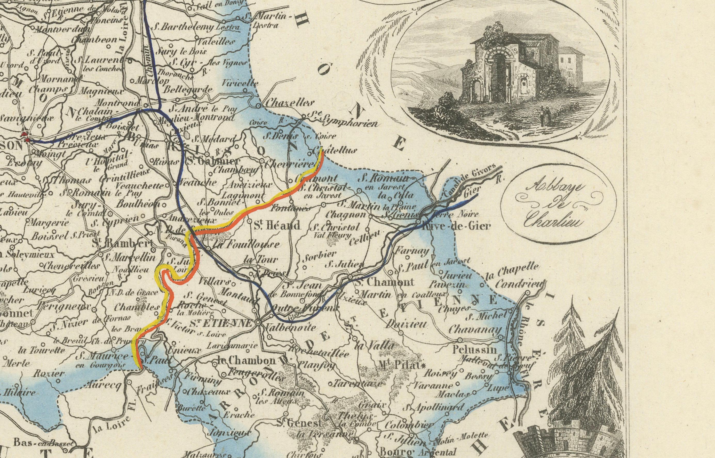 Carte de la Loire avec Saint-Étienne et Montbrison par Vuillemin, C.C. Bon état - En vente à Langweer, NL