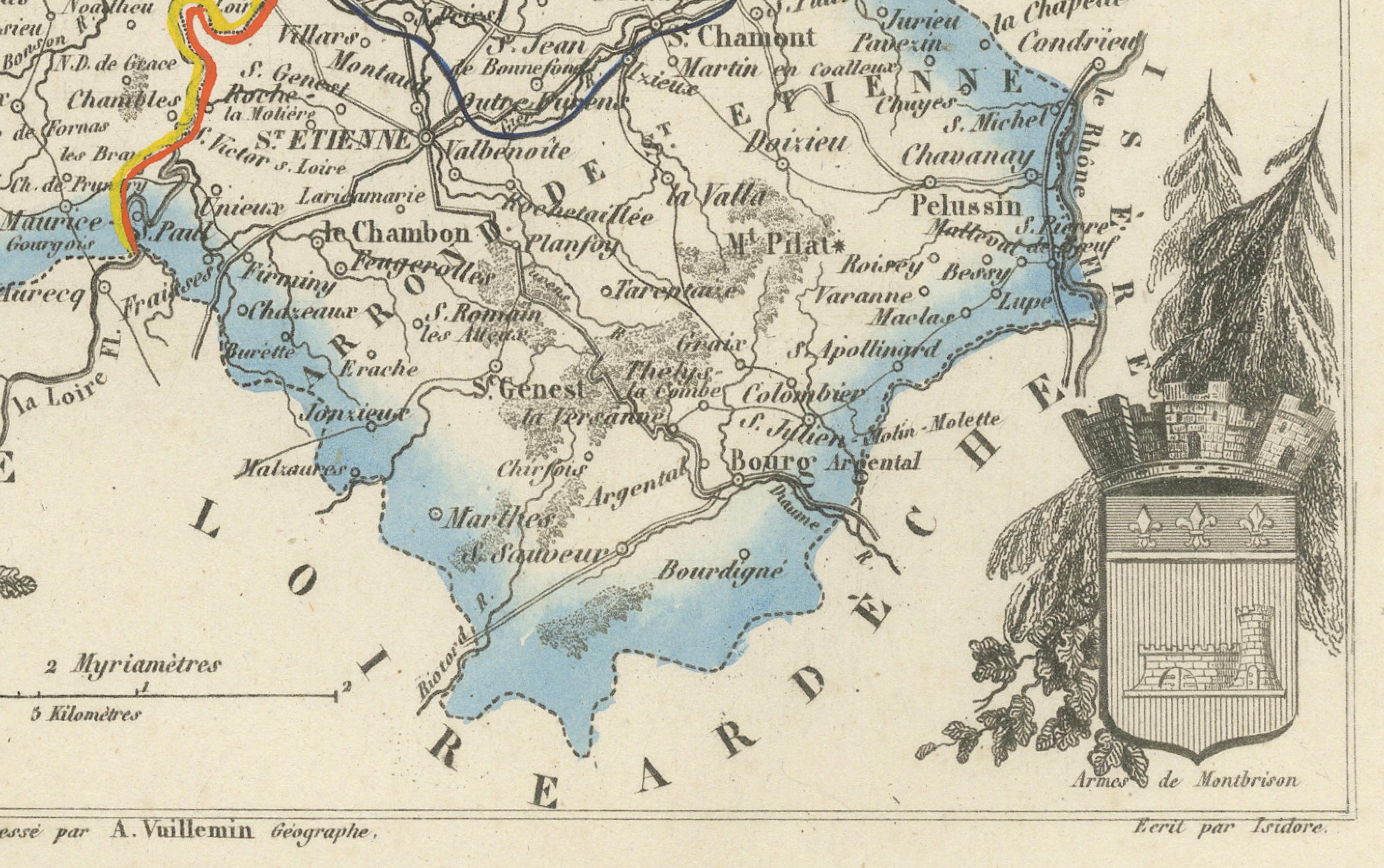 XIXe siècle Carte de la Loire avec Saint-Étienne et Montbrison par Vuillemin, C.C. en vente