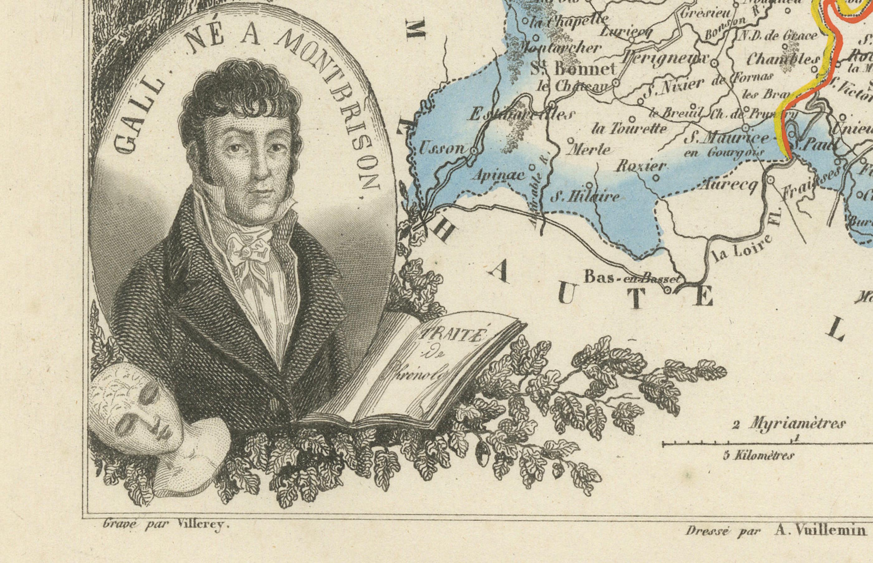 Papier Carte de la Loire avec Saint-Étienne et Montbrison par Vuillemin, C.C. en vente