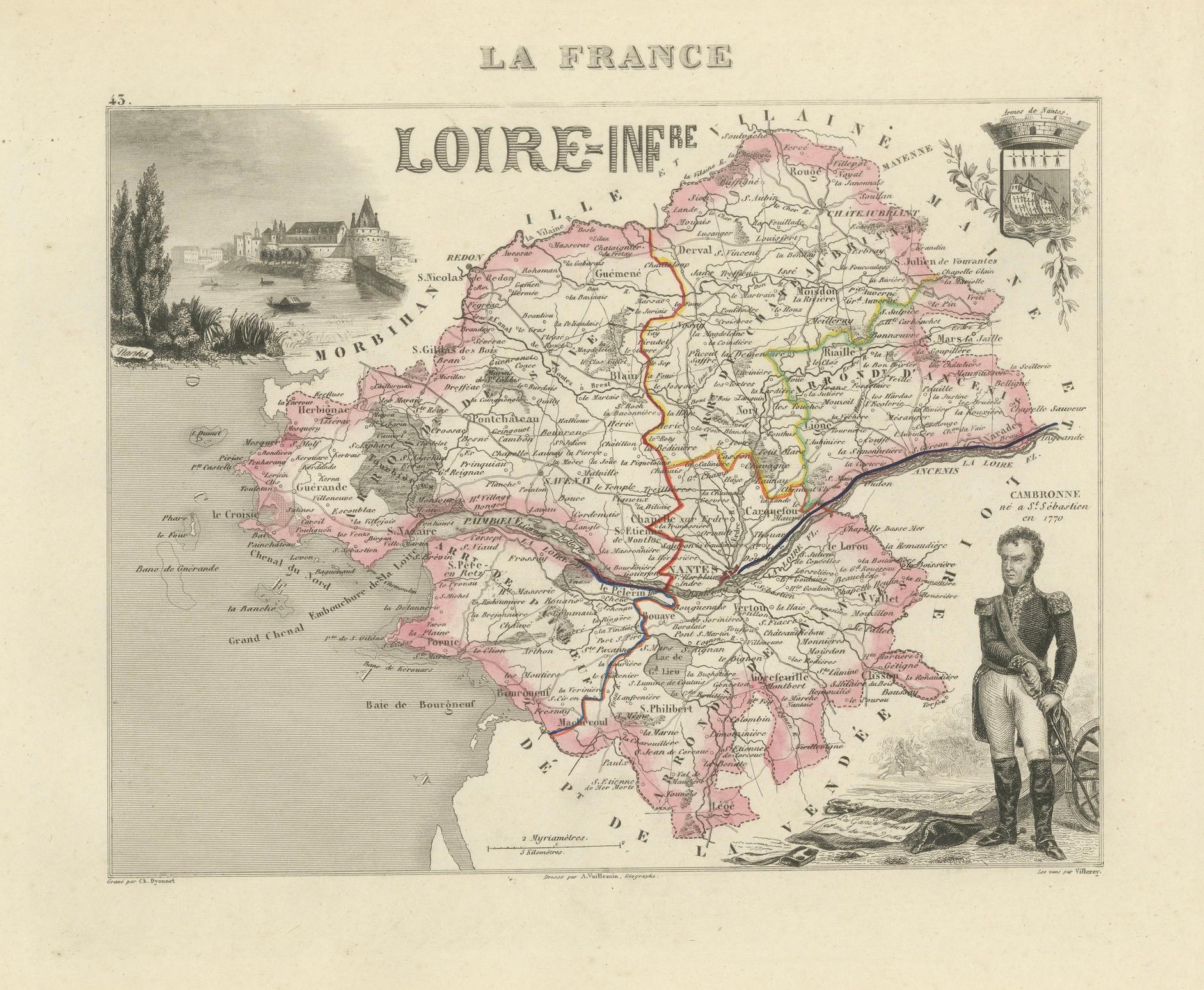 Mapa de Loira-Inférieure Francia con Nantes y el estuario por Vuillemin, s. XIX

Este mapa finamente grabado y coloreado a mano de Loire-Inférieure (actual Loire-Atlantique) fue creado por Alexandre Vuillemin y publicado por Migeon en París como