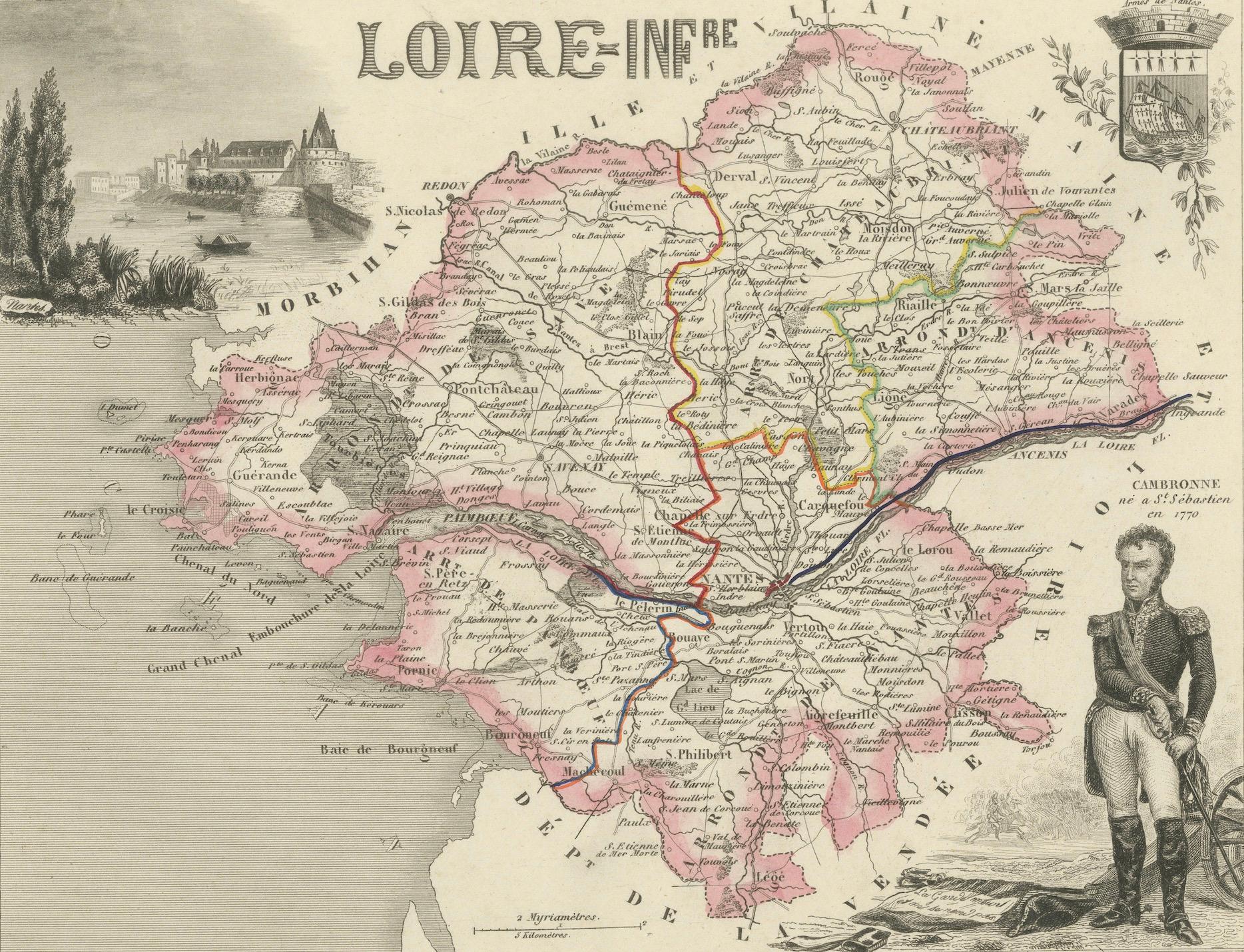 Mapa de Loira-Inférieure Francia con Nantes y el estuario por Vuillemin, s. XIX Francés en venta