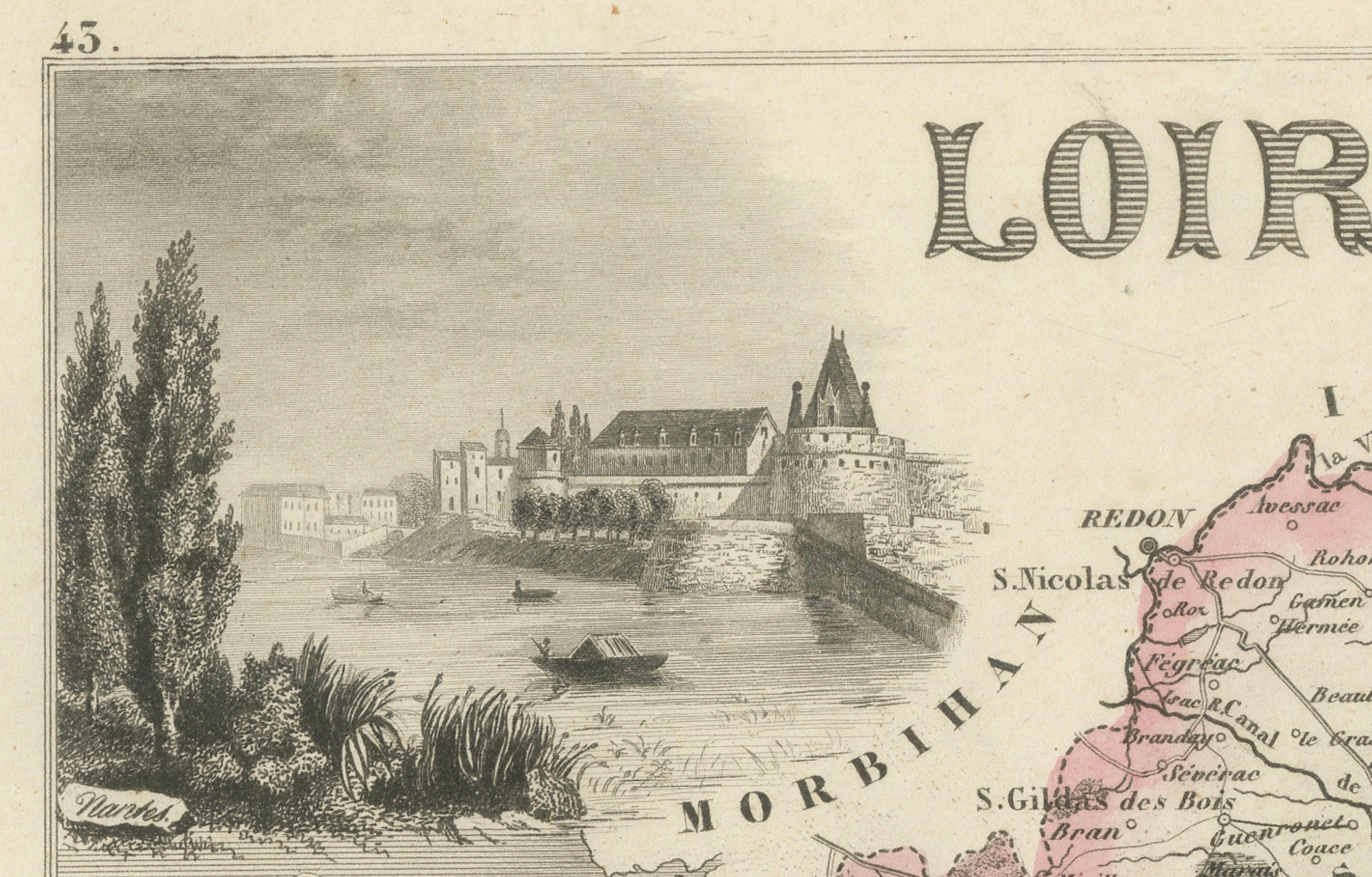 Mapa de Loira-Inférieure Francia con Nantes y el estuario por Vuillemin, s. XIX Grabado en venta
