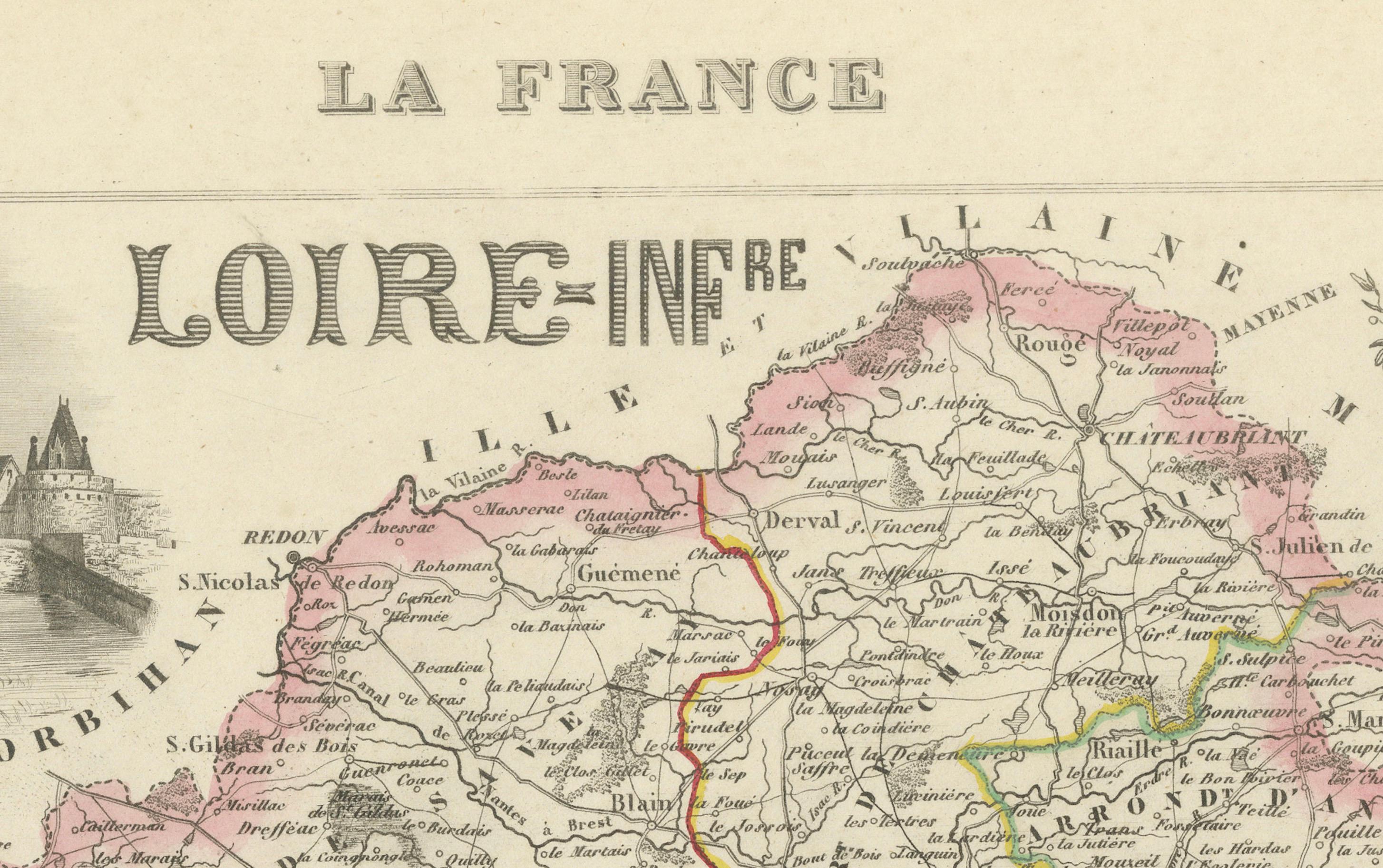 Mapa de Loira-Inférieure Francia con Nantes y el estuario por Vuillemin, s. XIX en Bueno estado para la venta en Langweer, NL