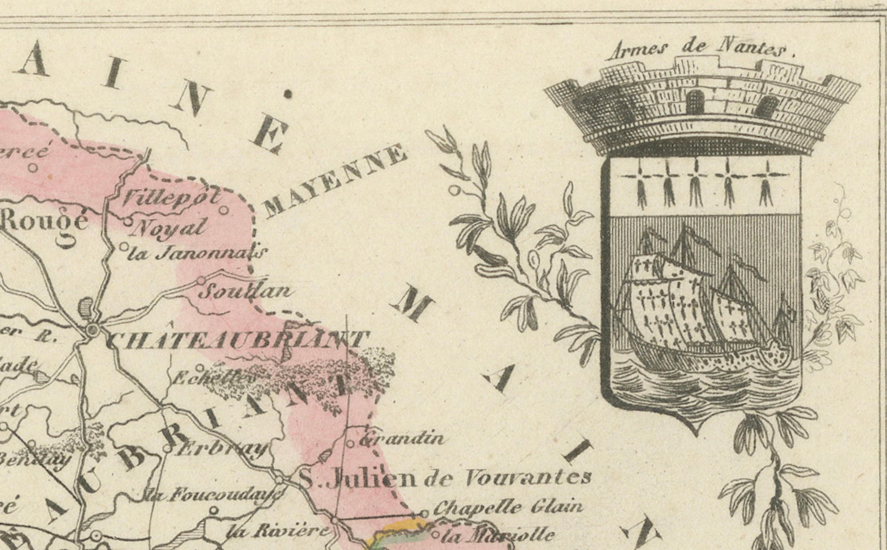 Mapa de Loira-Inférieure Francia con Nantes y el estuario por Vuillemin, s. XIX siglo XIX en venta