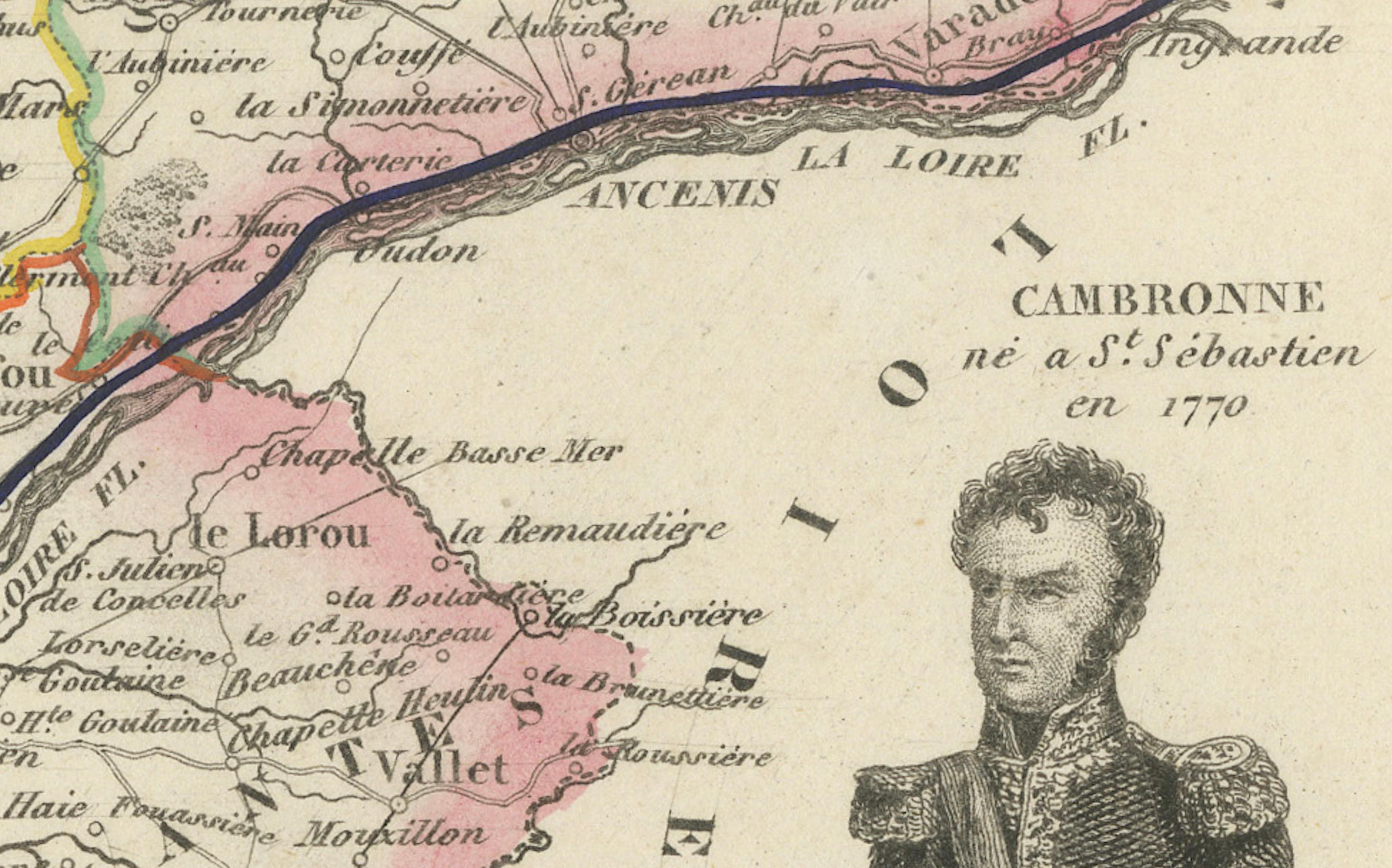 Mapa de Loira-Inférieure Francia con Nantes y el estuario por Vuillemin, s. XIX Papel en venta