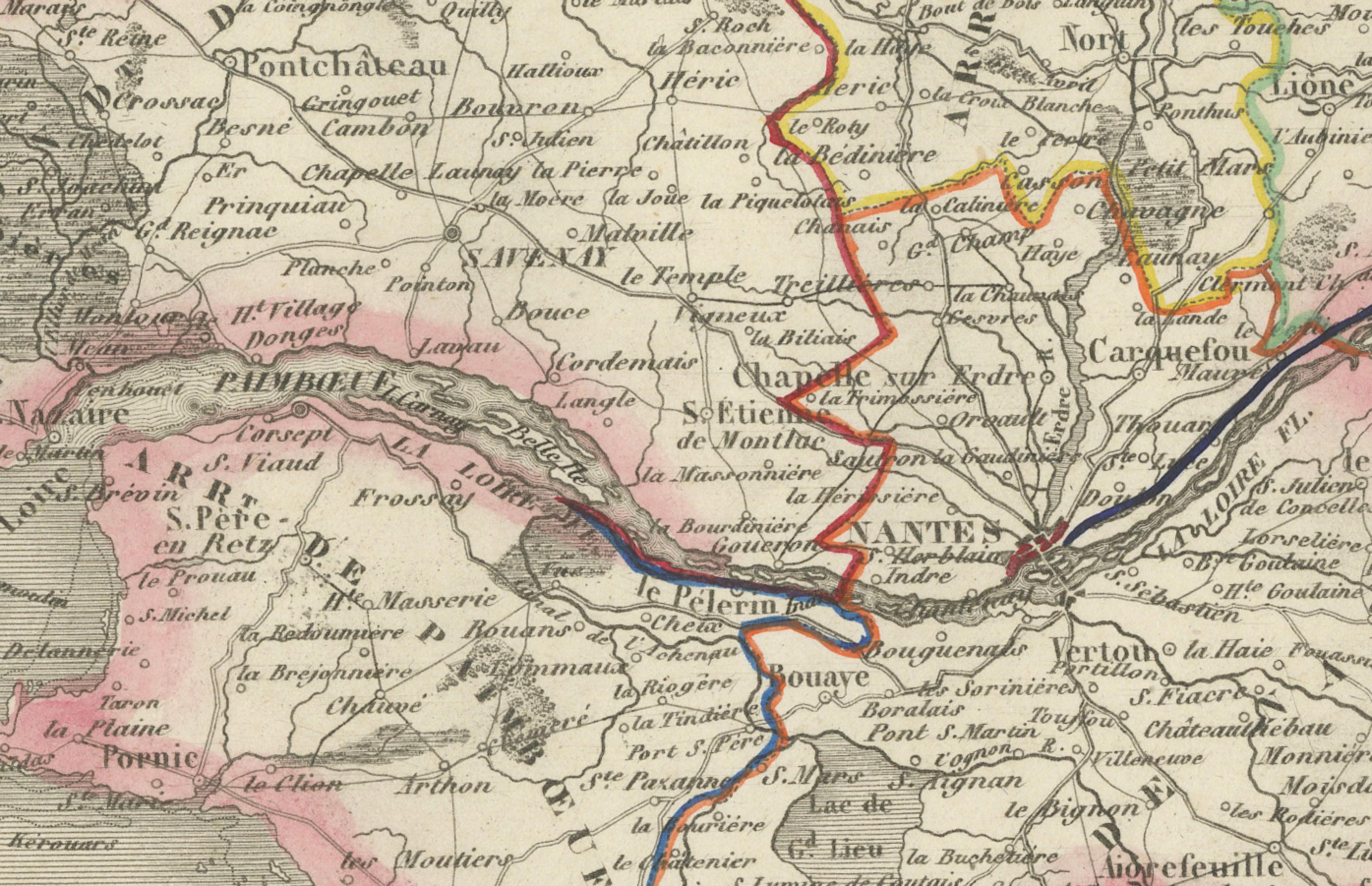 Mapa de Loira-Inférieure Francia con Nantes y el estuario por Vuillemin, s. XIX en venta 2