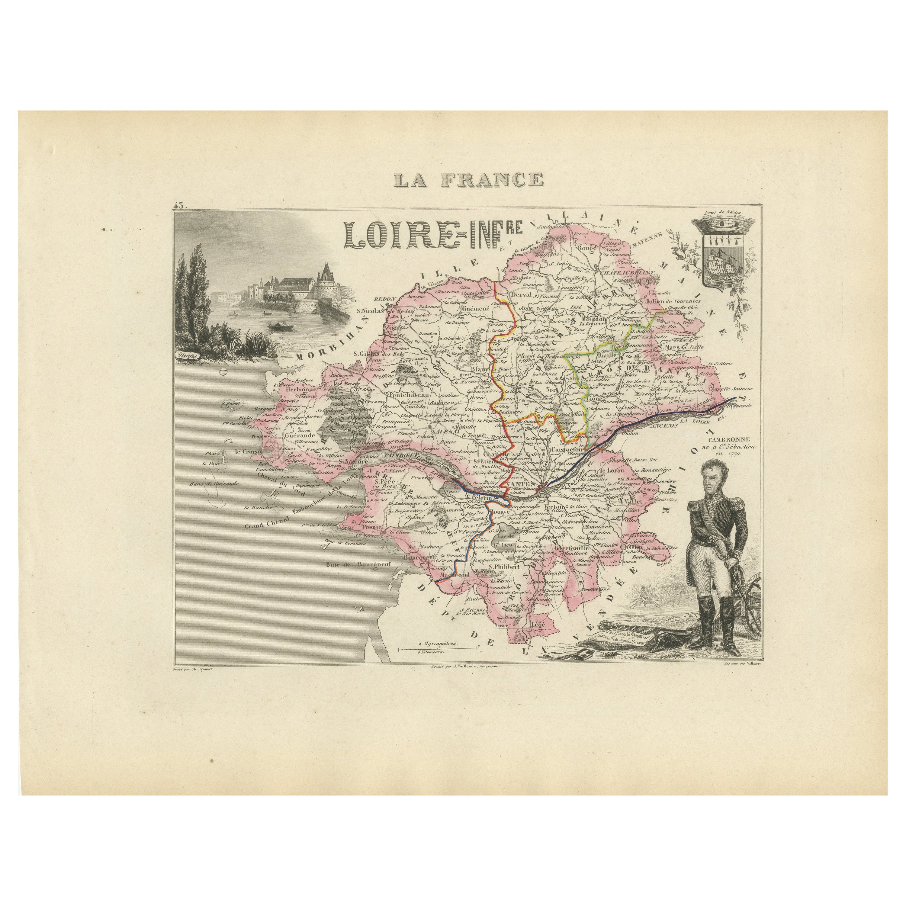 Carte de la Loire-Inférieure France avec Nantes et l
estuaire par Vuillemin, C.C.