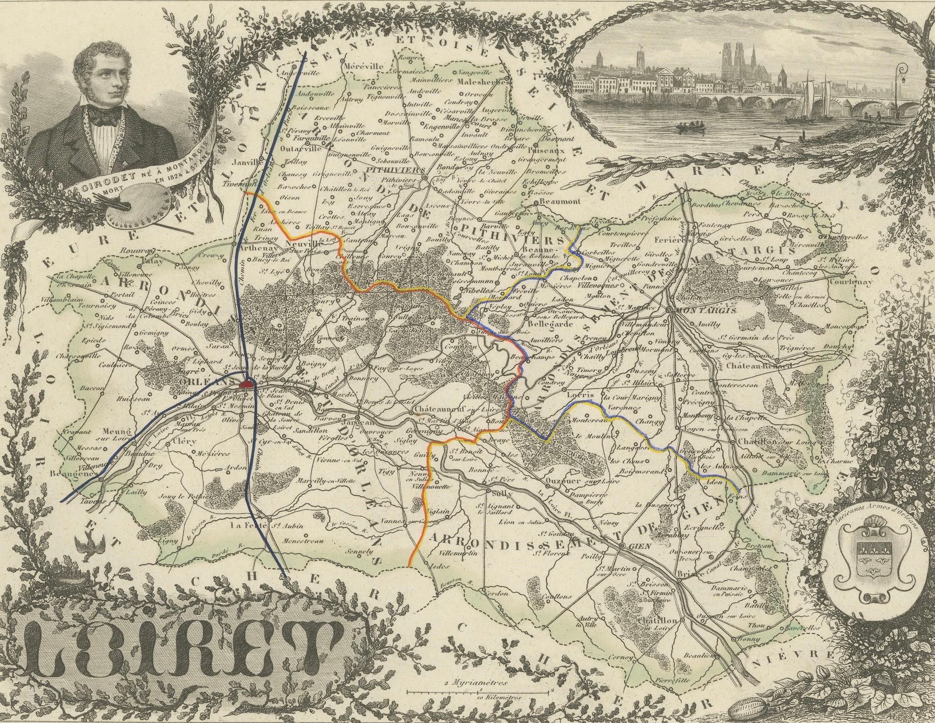 Français Carte du Loiret avec Orléans et la Loire par Vuillemin, C.C. en vente