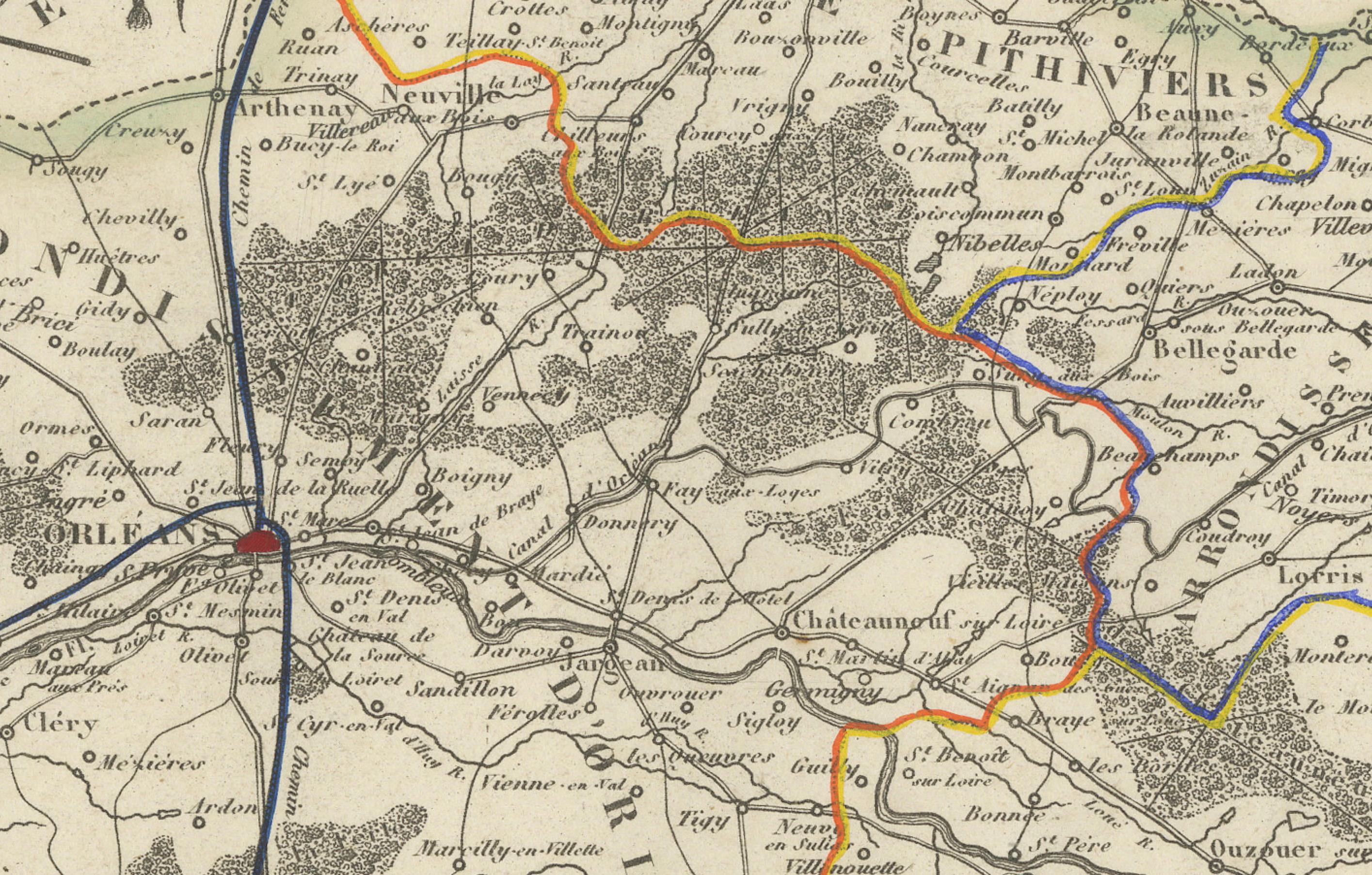 Gravé Carte du Loiret avec Orléans et la Loire par Vuillemin, C.C. en vente