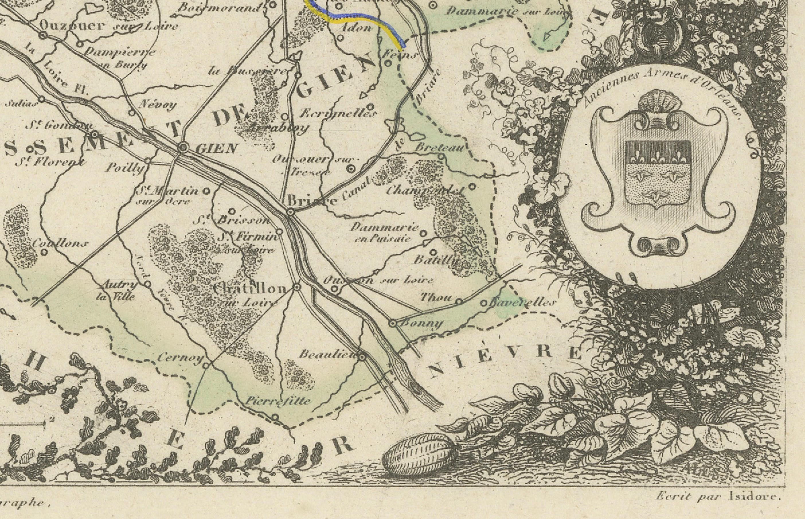 Papier Carte du Loiret avec Orléans et la Loire par Vuillemin, C.C. en vente