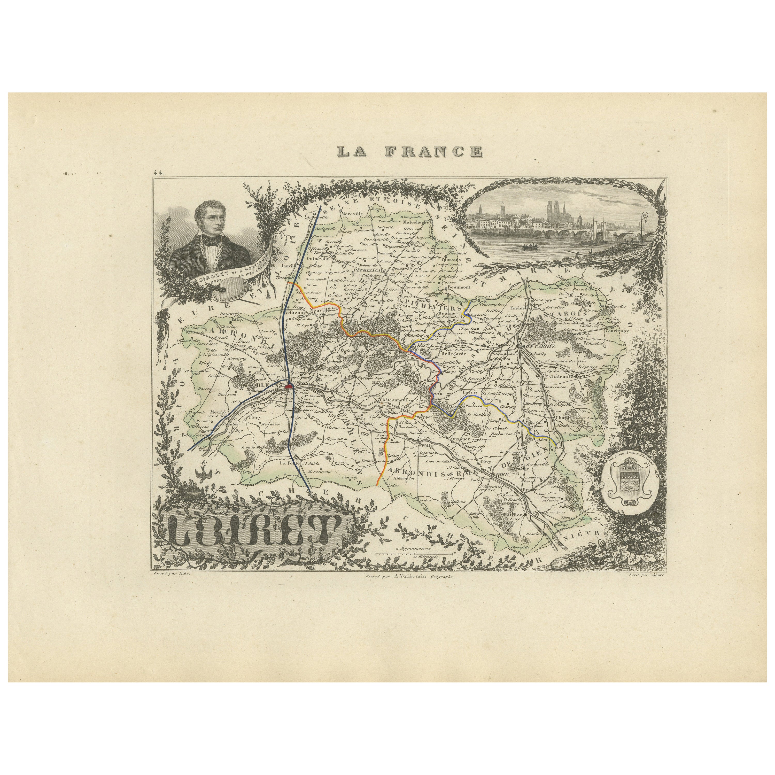 Carte du Loiret avec Orléans et la Loire par Vuillemin, C.C. en vente
