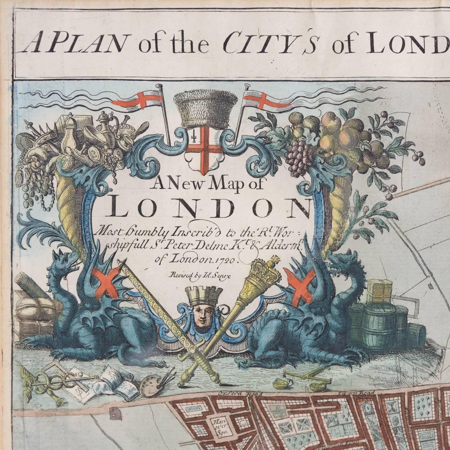 Plan of the City's of London, Westminster and Borough of Southwark, original antique map, published in 1720 by John Senex and engraved by Samuel Parker, hand coloured, with mount and gilded frame.

Showing London as it was built after the Great Fire