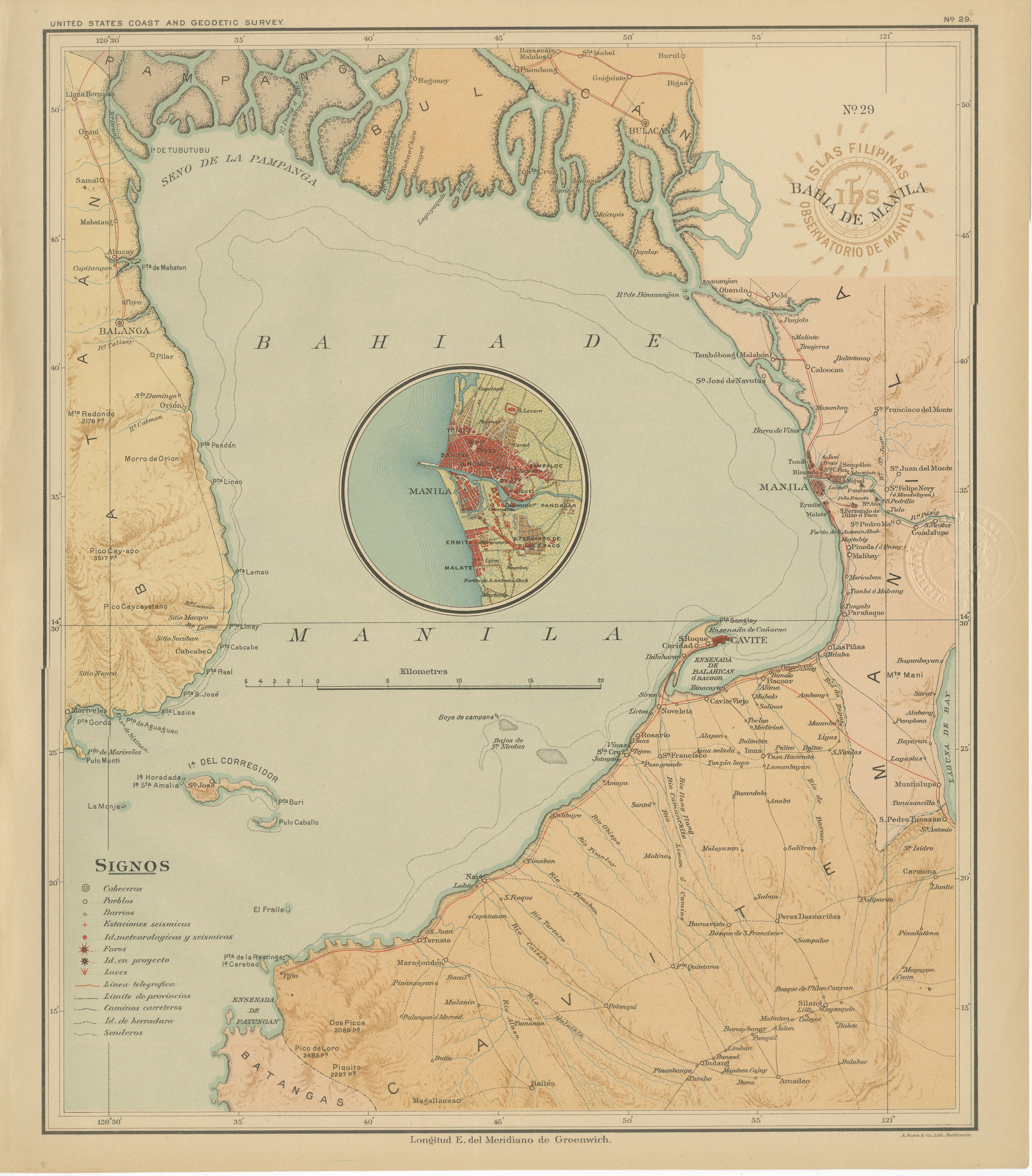 Map of Manila Bay and Environs – Observatorio de Manila, 1899 For Sale