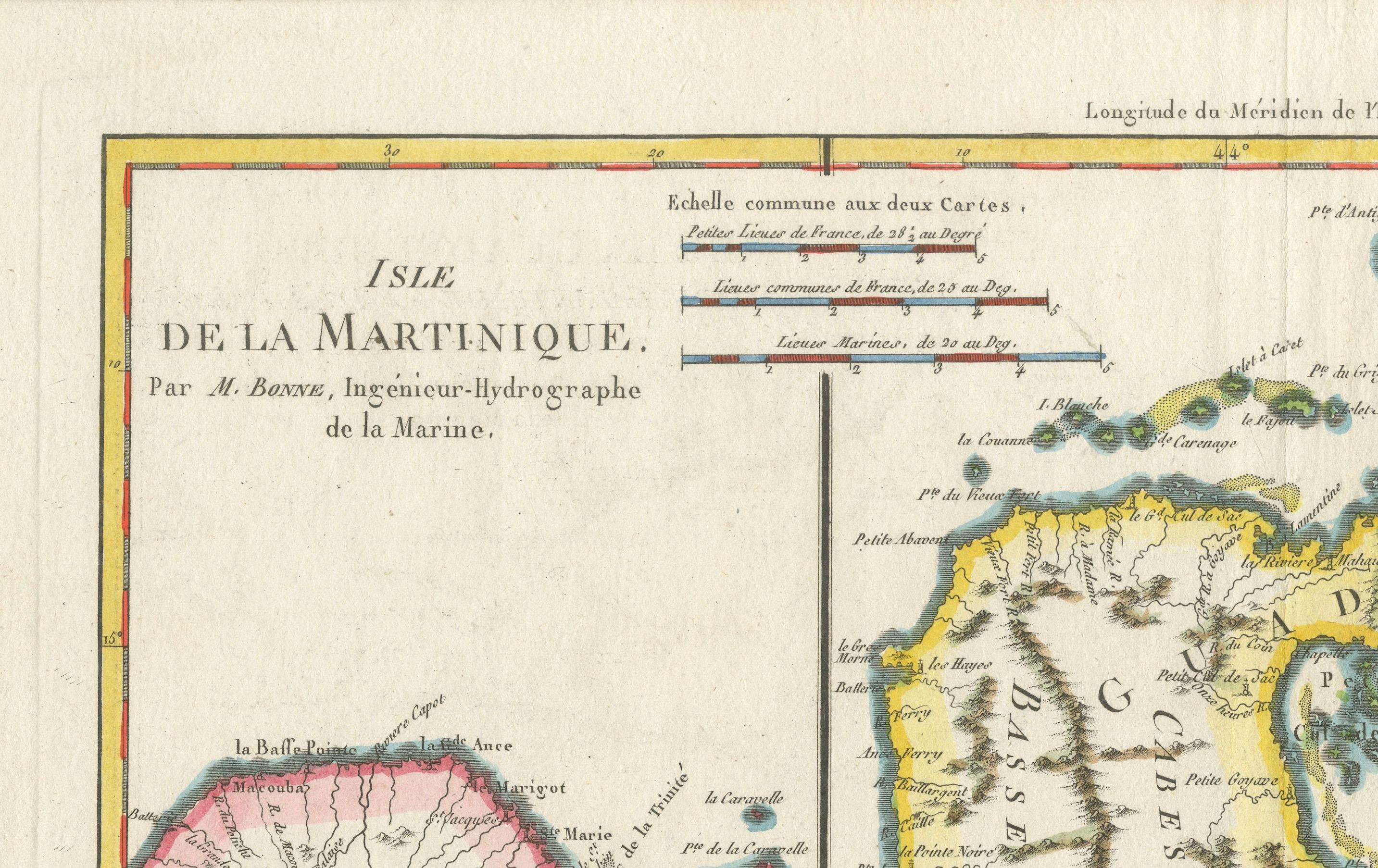 Mapa de Martinica, Guadalupe, Marie-Galante, Désirade y Saintes por Bonne, 1788

Este magnífico mapa antiguo, titulado *Isla de la Martinica, Islas de la Guadalupe, de Marie Galante, de la Desirade y celles des Saintes*, fue creado por el estimado