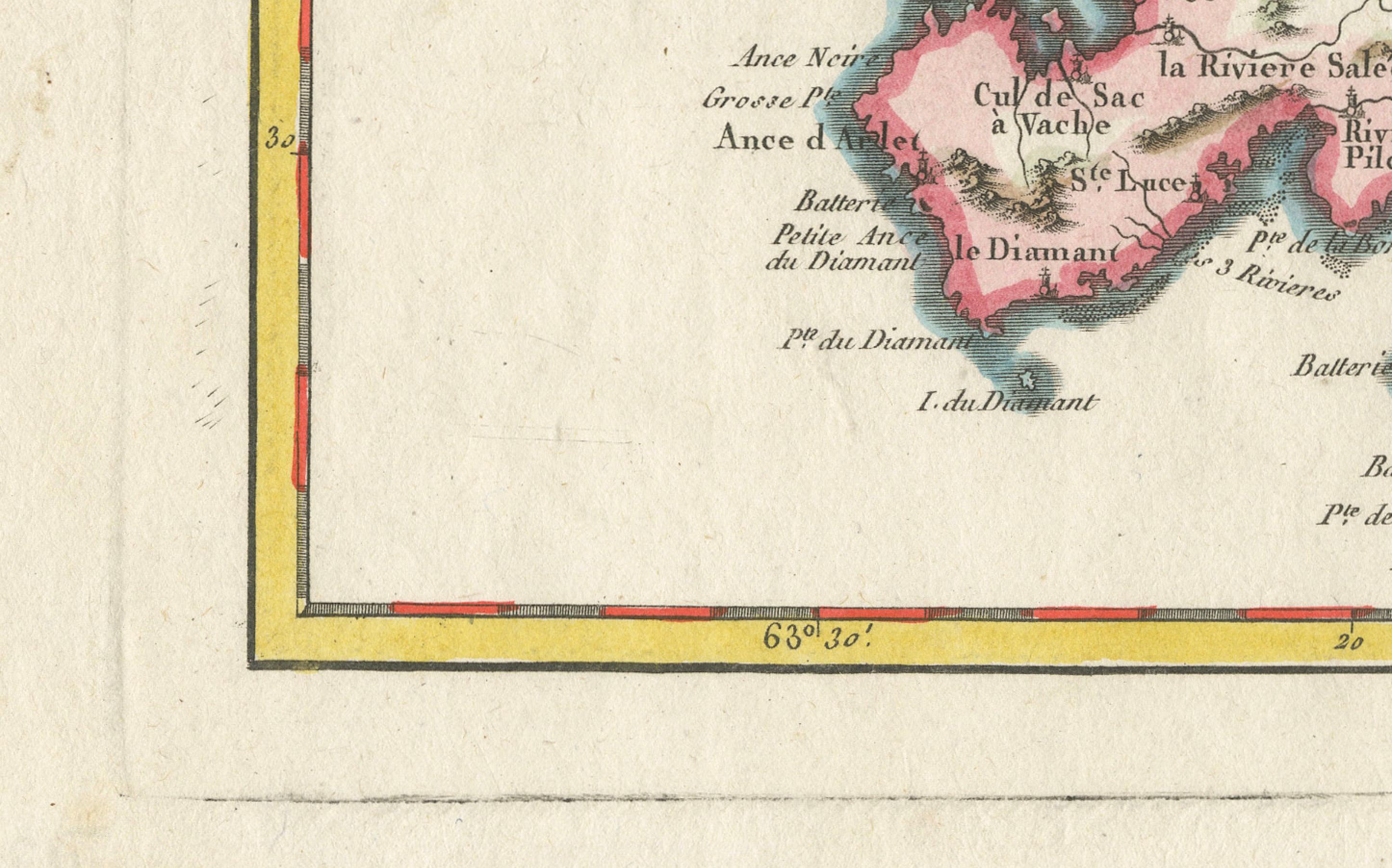 Mapa de Martinica, Guadalupe, Marie-Galante, Désirade y Saintes por Bonne, 1788 Francés en venta