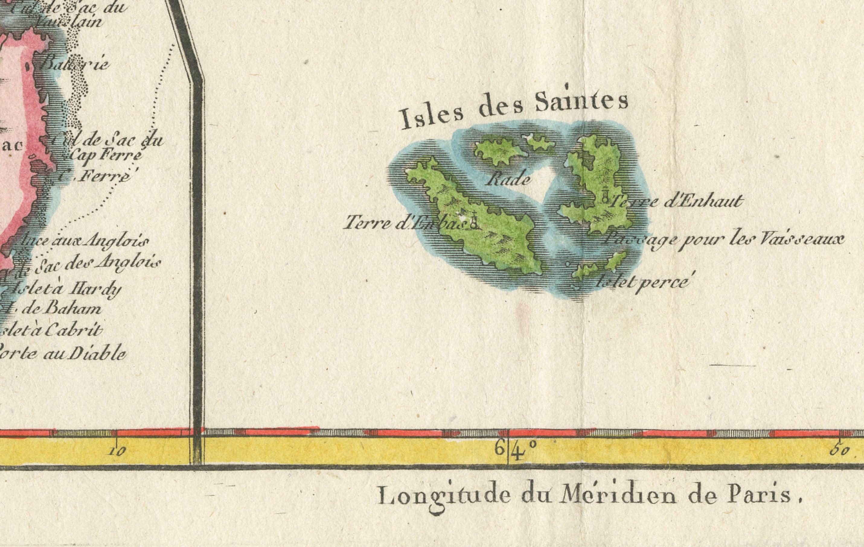 Mapa de Martinica, Guadalupe, Marie-Galante, Désirade y Saintes por Bonne, 1788 Grabado en venta
