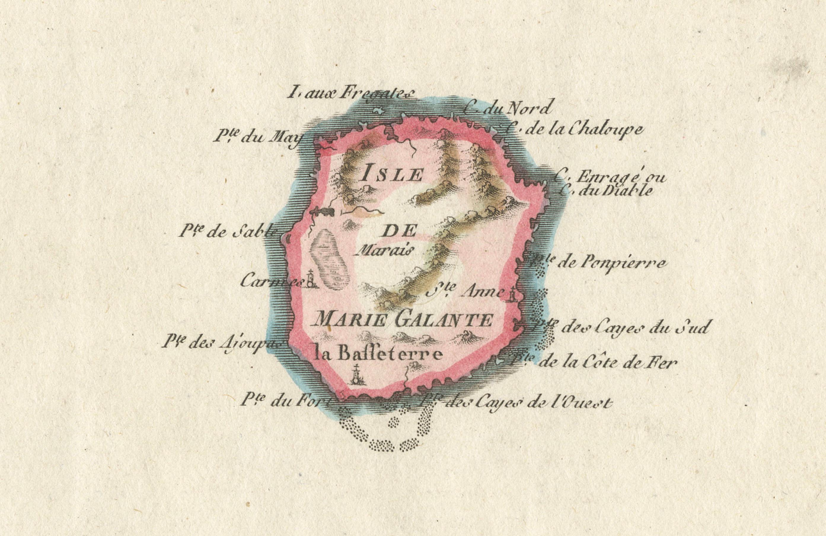 Mapa de Martinica, Guadalupe, Marie-Galante, Désirade y Saintes por Bonne, 1788 en Bueno estado para la venta en Langweer, NL
