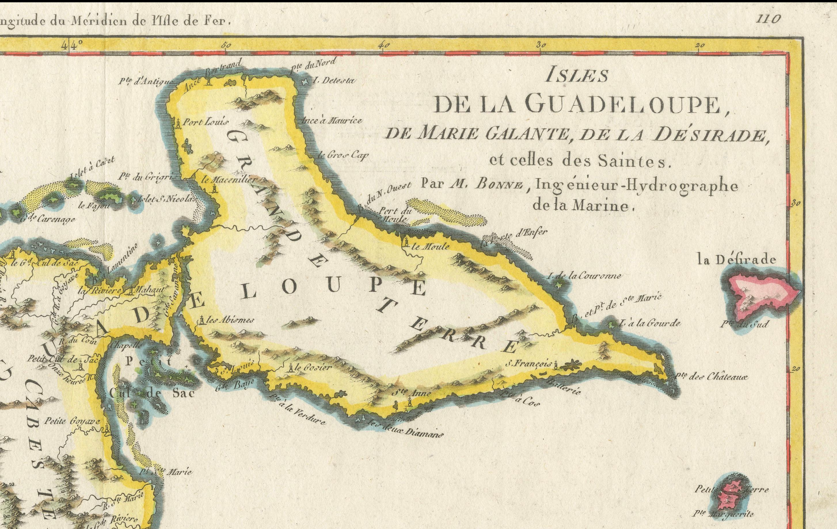 Mapa de Martinica, Guadalupe, Marie-Galante, Désirade y Saintes por Bonne, 1788 siglo XVIII en venta