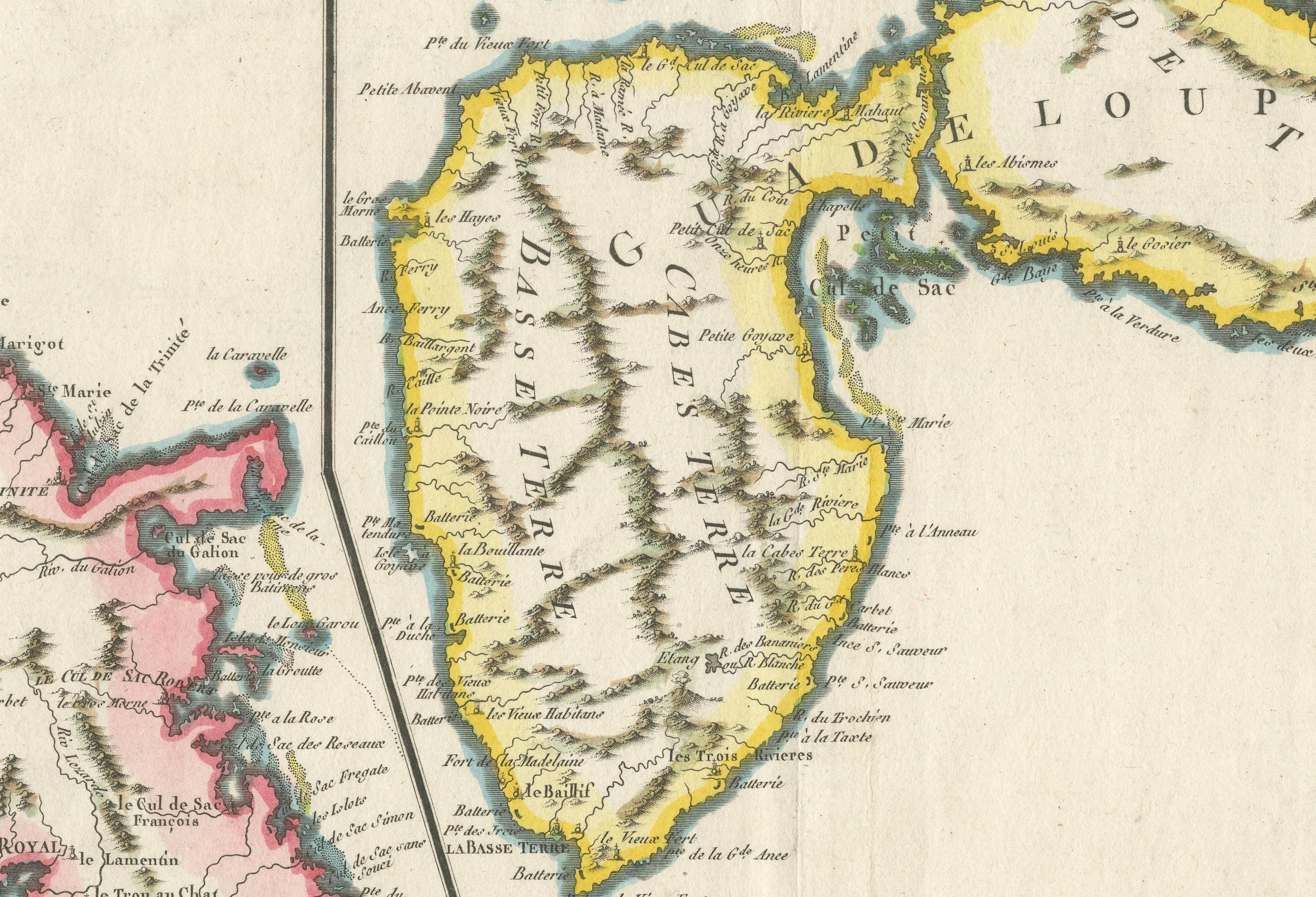 Mapa de Martinica, Guadalupe, Marie-Galante, Désirade y Saintes por Bonne, 1788 Papel en venta