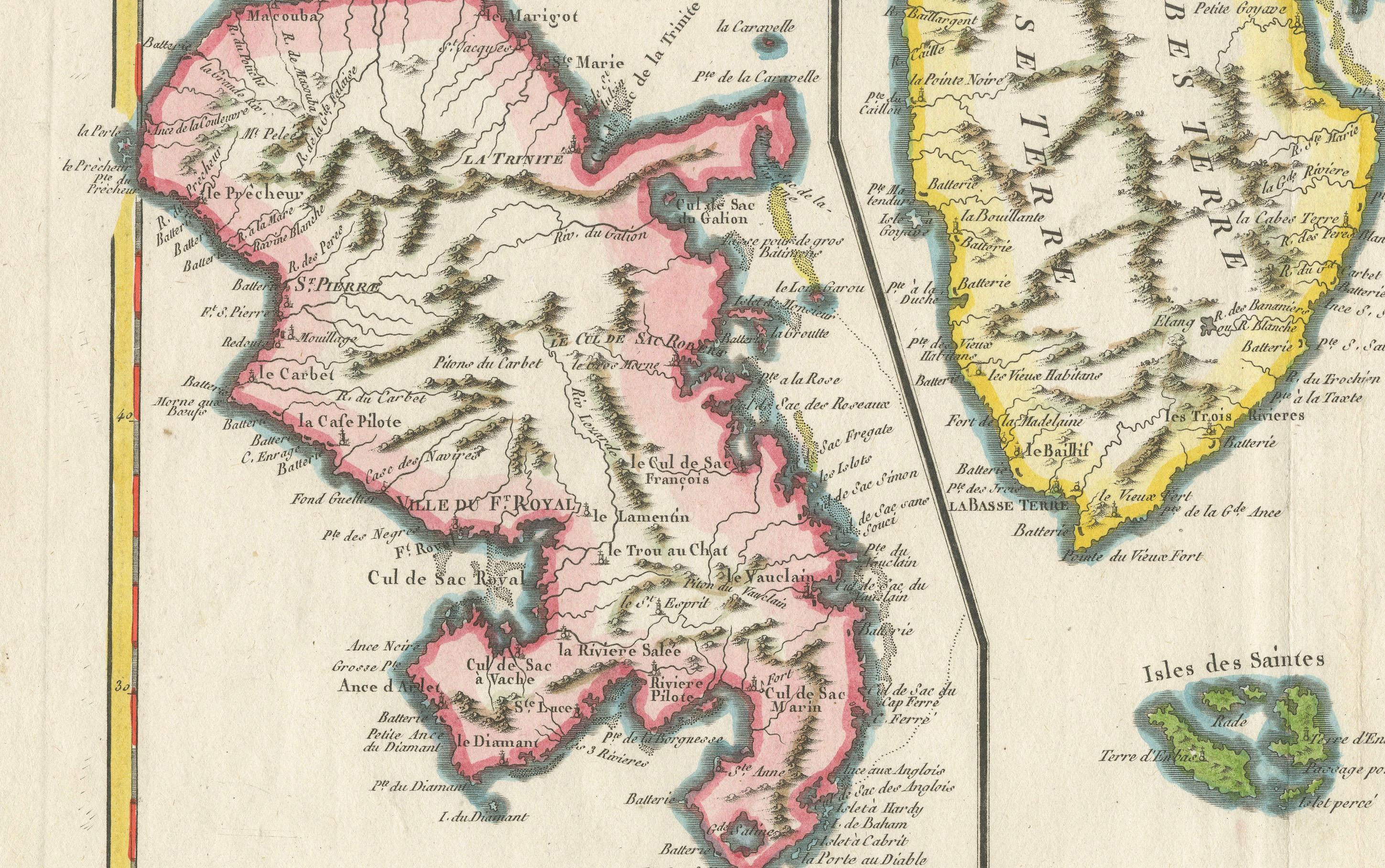 Mapa de Martinica, Guadalupe, Marie-Galante, Désirade y Saintes por Bonne, 1788 en venta 1