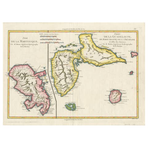Map of Martinique, Guadeloupe, Marie-Galante, Désirade & Saintes by Bonne, 1788