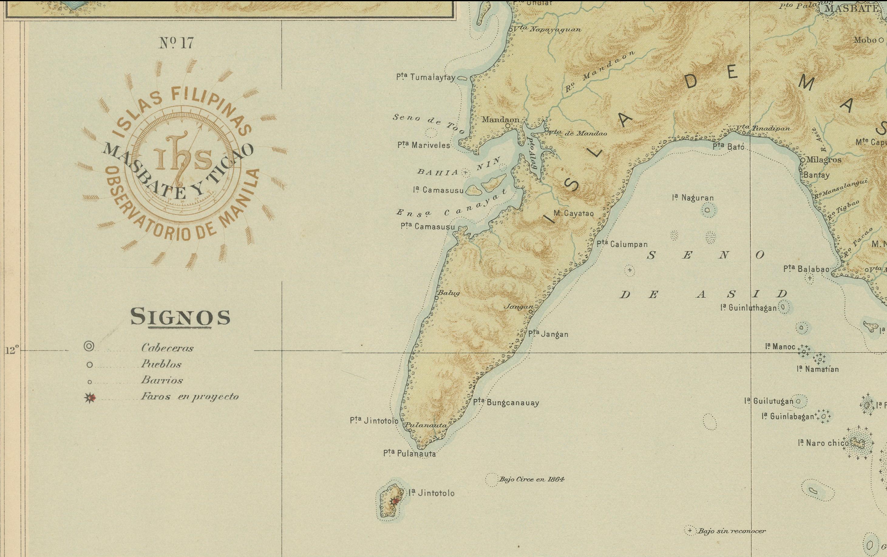 Map of Masbate and Ticao Islands – Observatorio de Manila, 1899

This elegant chromolithographed map titled “Islas Filipinas – Masbate y Ticao” was created under the supervision of Rev. José Algué, S.J., Director of the Observatorio de Manila, and