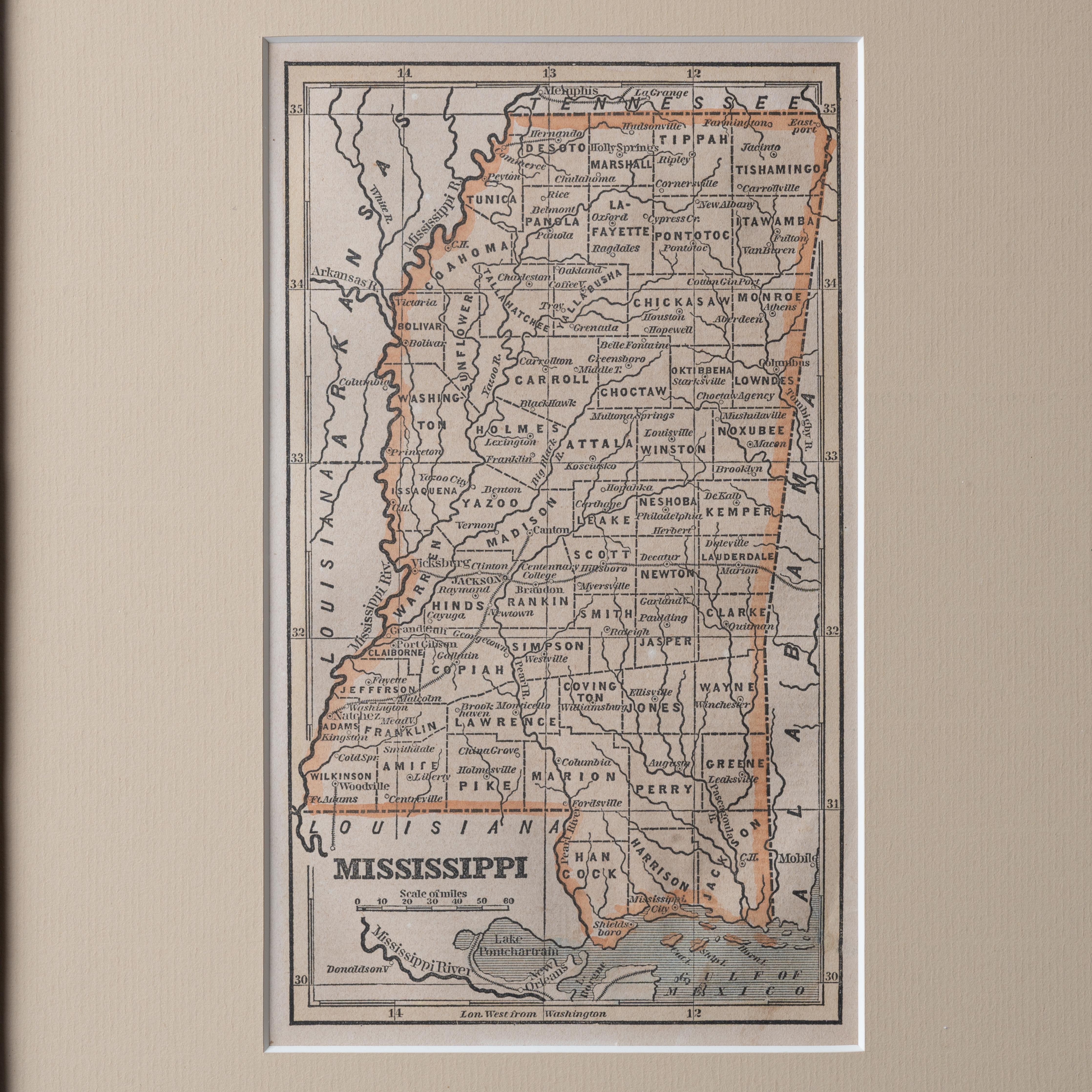 Map of Mississippi aus Fanning's illustriertem Gazetteer, 1853 im Zustand „Gut“ im Angebot in Savannah, GA
