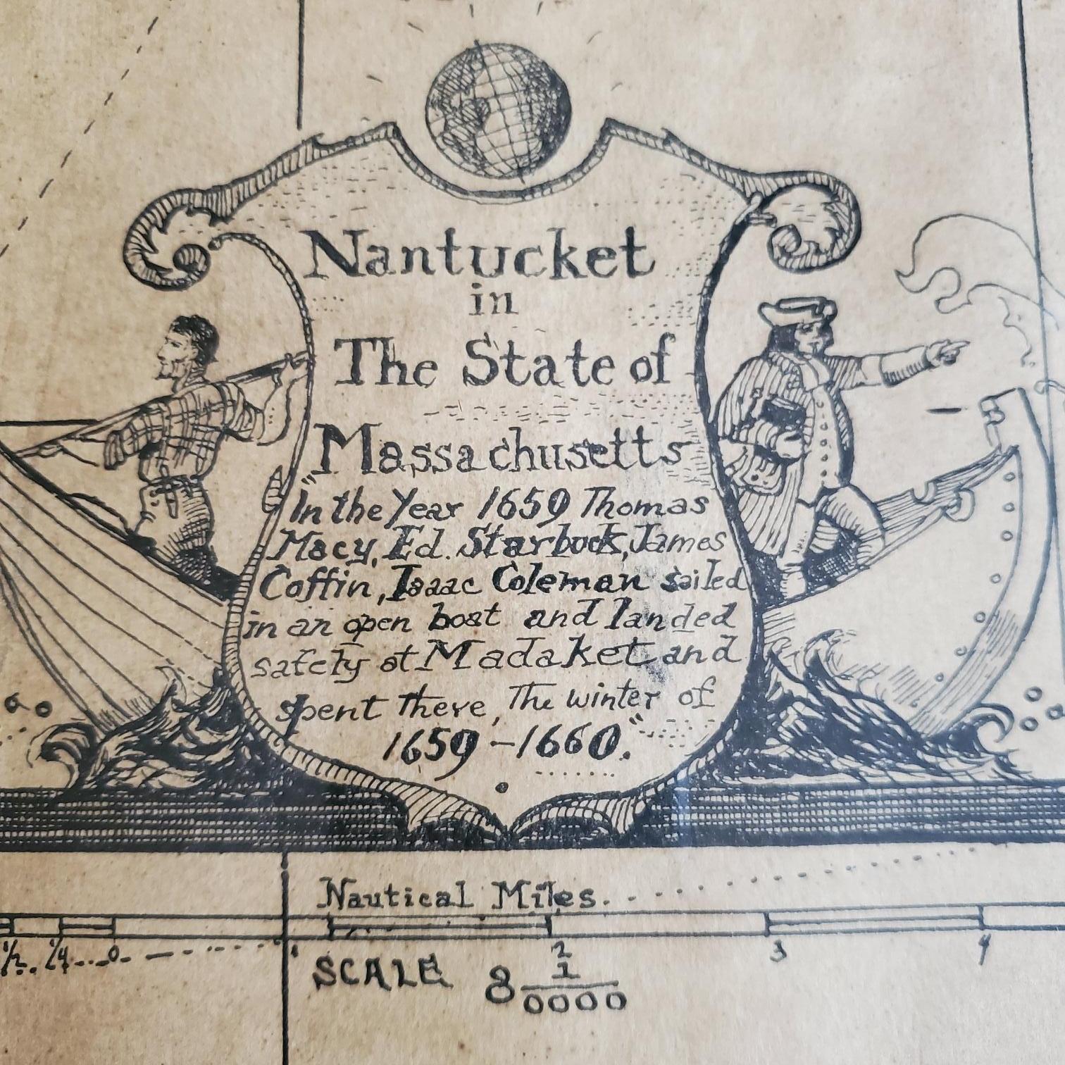 Map of Nantucket by Austin Strong (1881 - 1952), circa 1925, an original print on paper whimsical map of Nantucket Island by Robert Louis Stevenson's step- grandson, noted stage set designer, artist and Nantucket cultural icon Austin Strong. The map