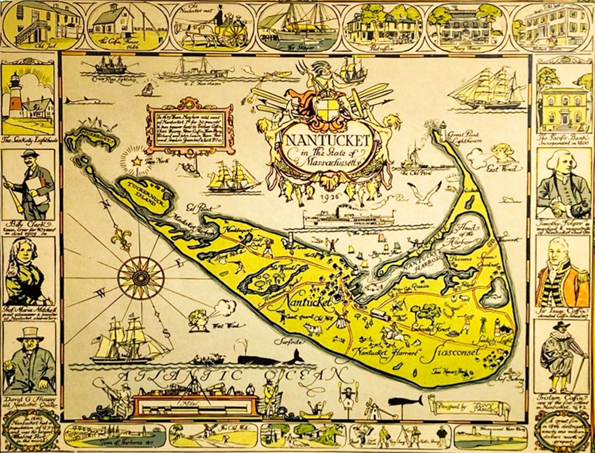 Colored pictorial map of Nantucket in the State of Massachusetts, with central image of the Island surrounded by points of interest, including historical figures. Professionally matted and framed, mint condition
Tony Sarg (1880-1942), circa
