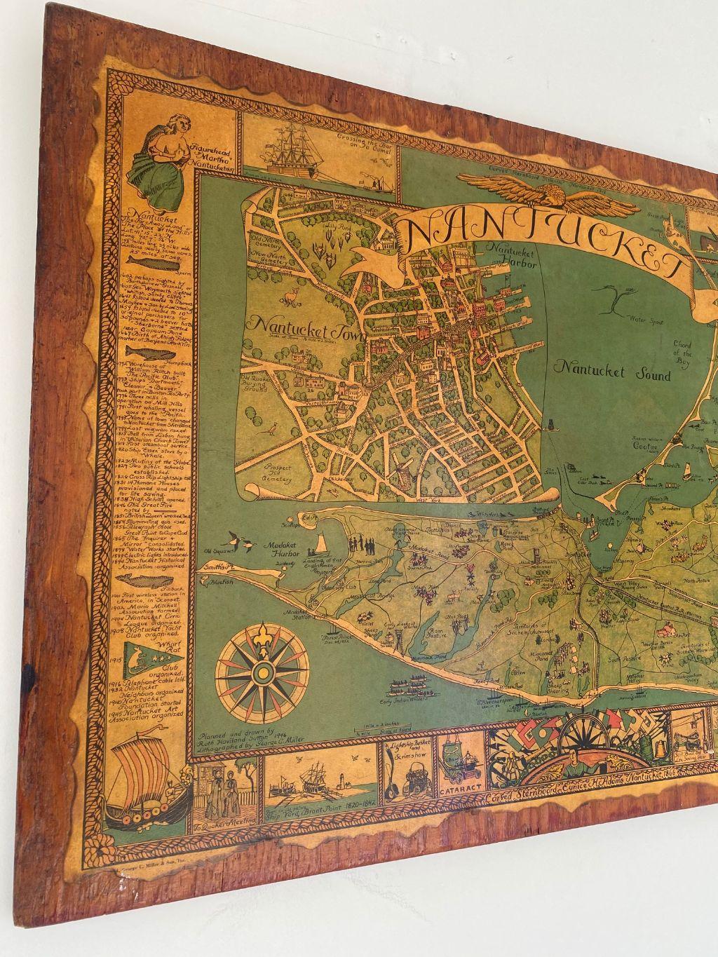 Vintage map of Nantucket, by Ruth Haviland Sutton (Nantucket: 1898-1960), published by Miller, 1964, a hand colored lithograph map of Nantucket Island with geographic features and historical landmarks, and enlarged reserve of the town, signed in
