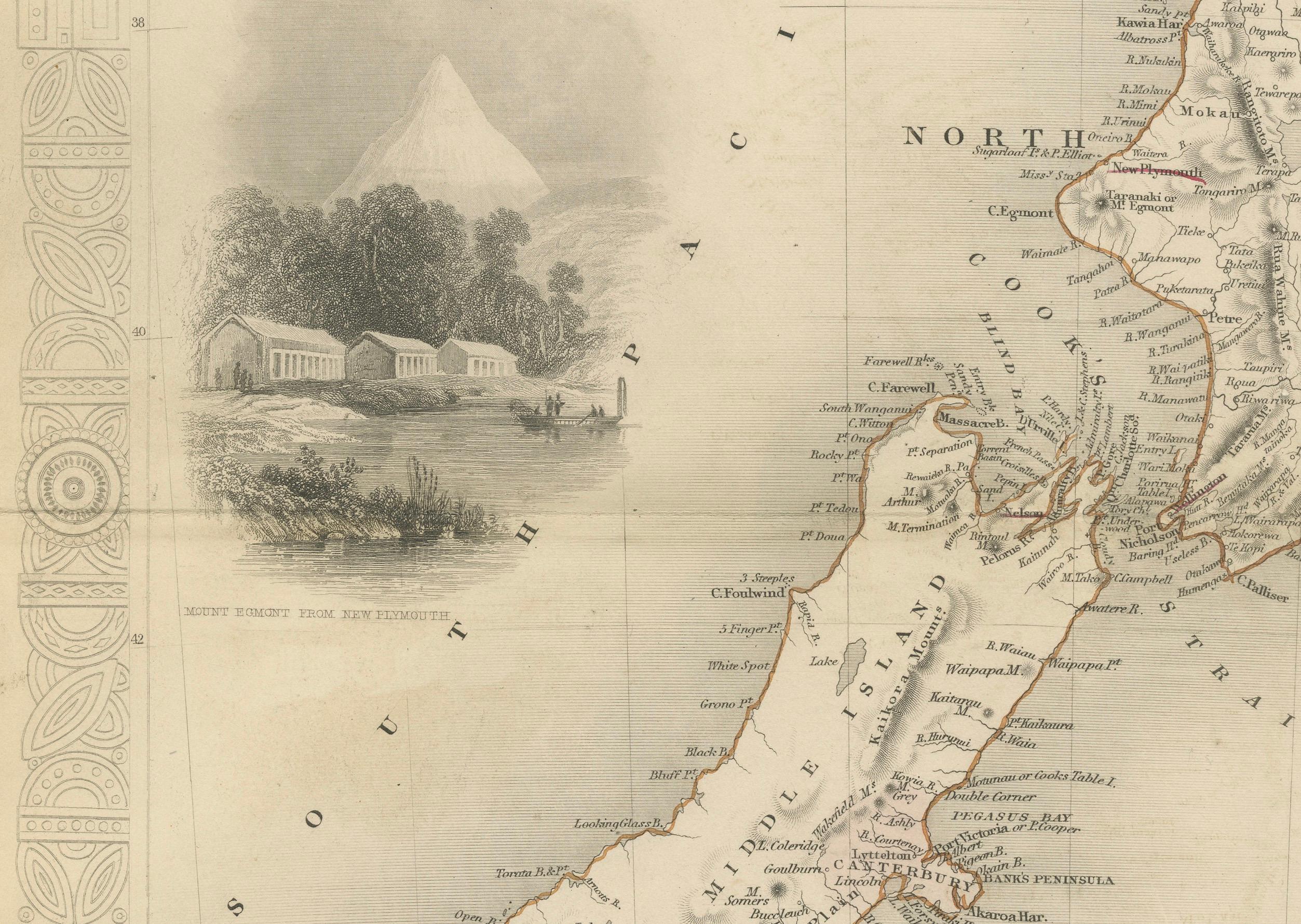 Map of New Zealand mit Maori-Kultur und frühen Kolonialsiedlungen aus Neuseeland, 1851 (Papier) im Angebot