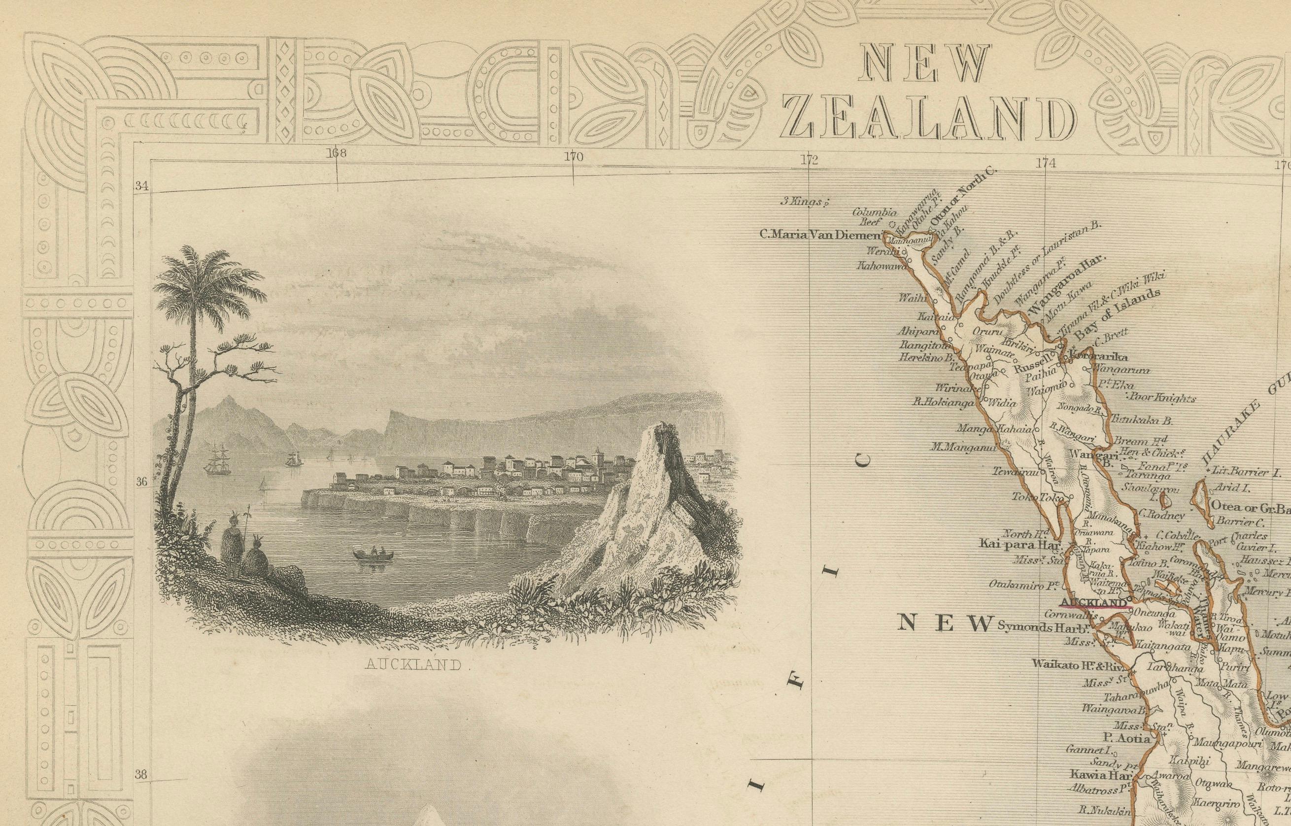 Map of New Zealand mit Maori-Kultur und frühen Kolonialsiedlungen aus Neuseeland, 1851 im Angebot 1