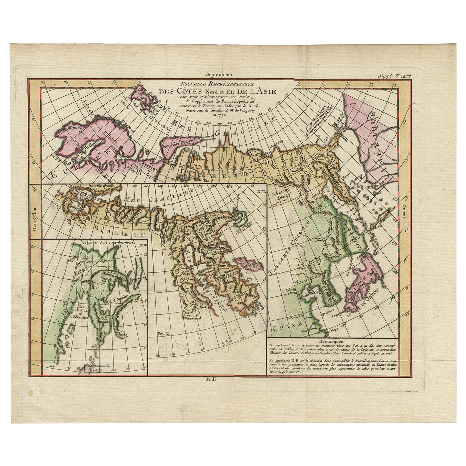 Mapa de la costa norte y este de Asia con Japón y mapas insertados de Kamchatka, c1750