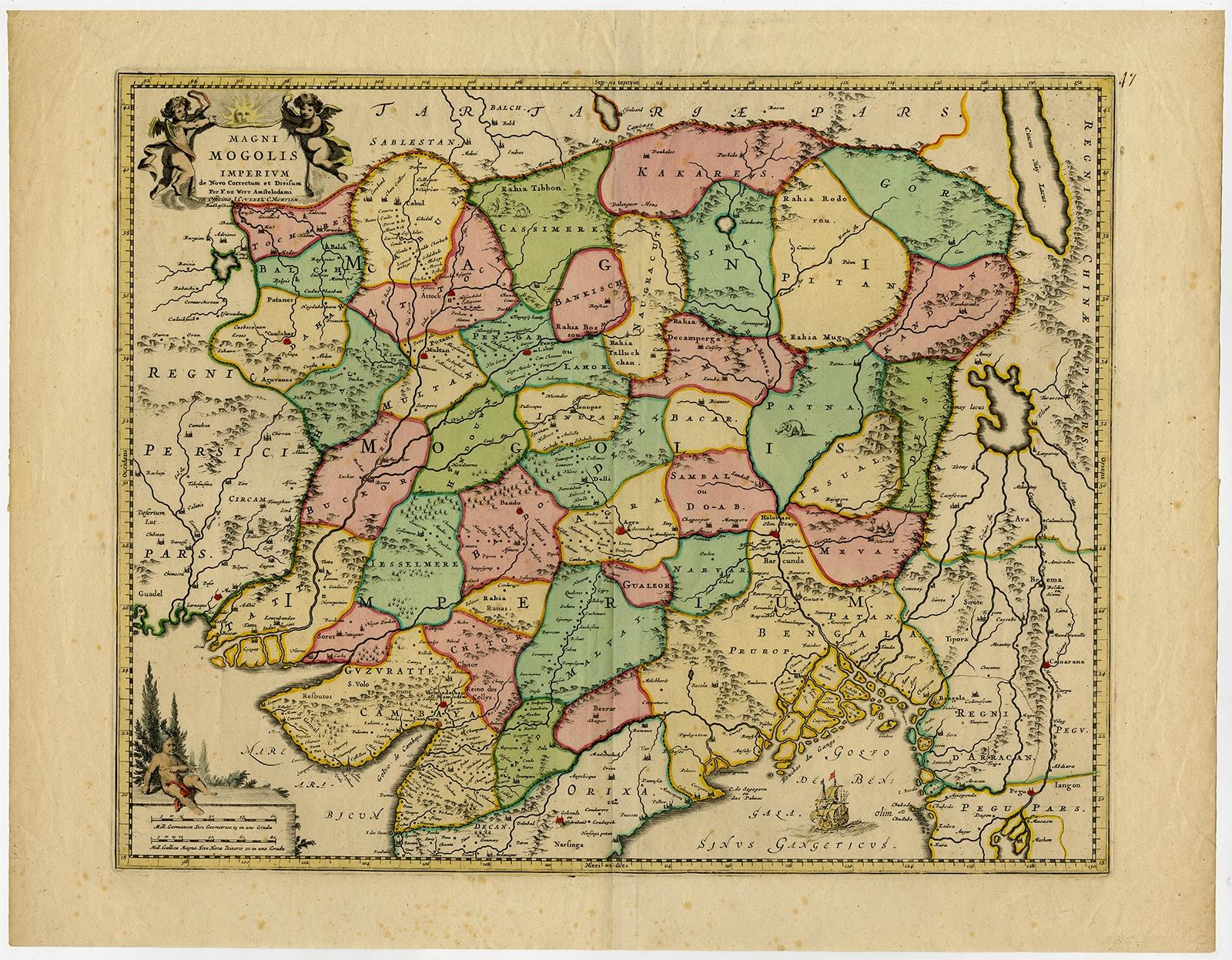 Antique map titled 'Magni Mogolis Imperium de Novo Correctum et Divisum Per F. de Witt Amstelodami.' 

Map of Northern India and surrounding regions. This includes Kabul and Candahar in the top left corner, Carachi lower left, Tibet in the top