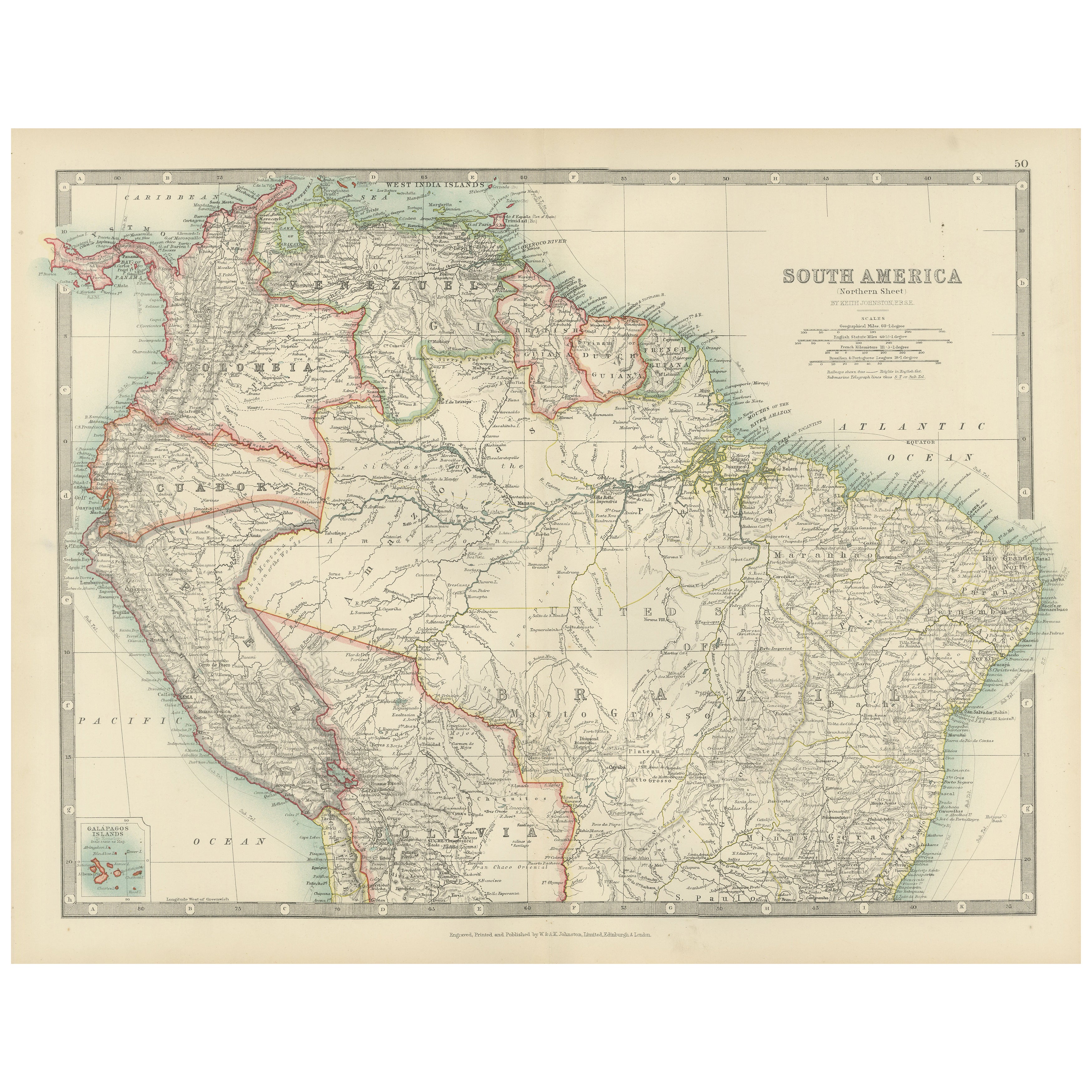 Mappa del Sud America settentrionale - Incisione vivace di Keith Johnston, 1903