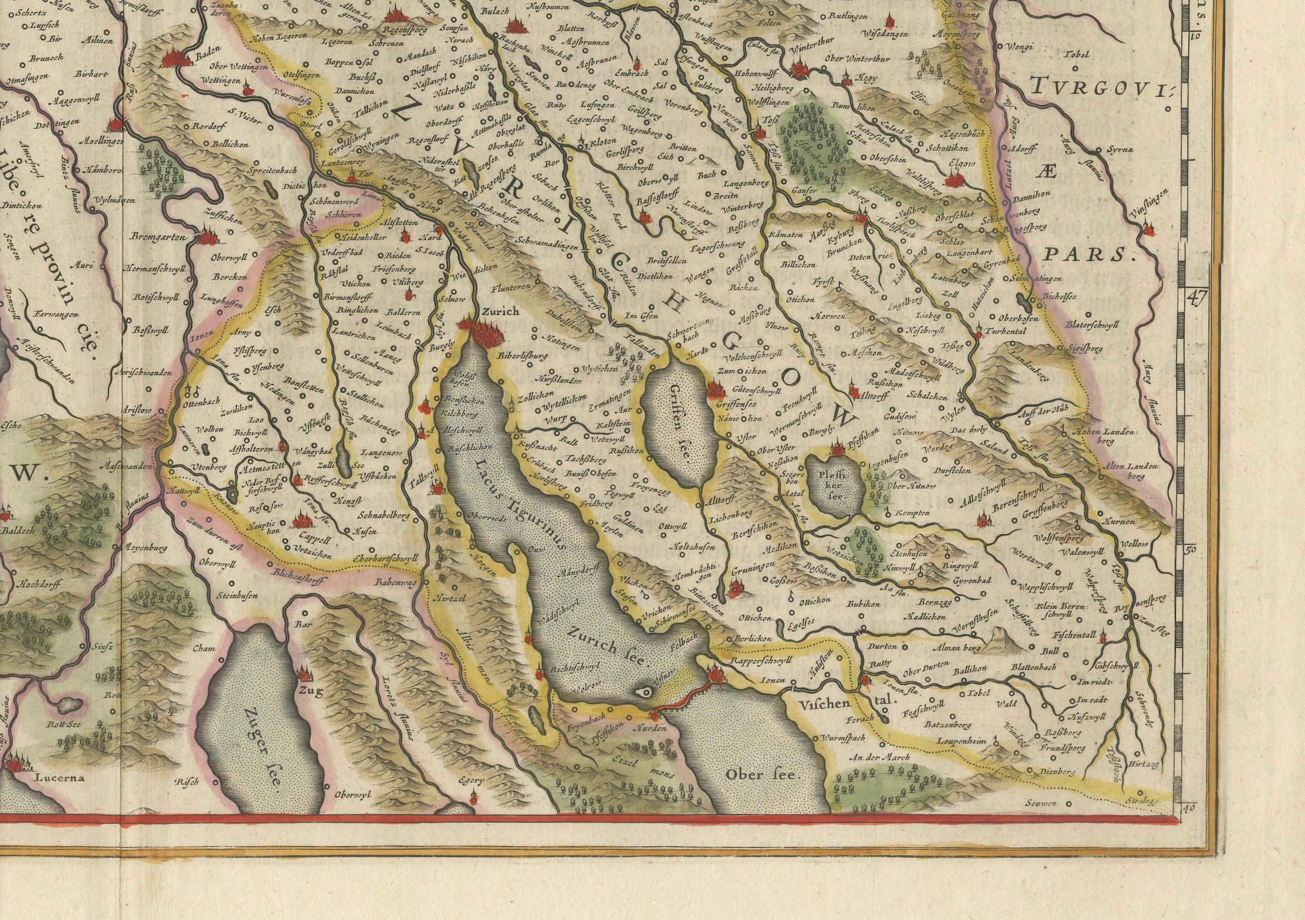 Carte du nord-ouest de la Suisse ( région de Bâle et de Zurich) par Willem & Jan Blaeu Bon état - En vente à Langweer, NL