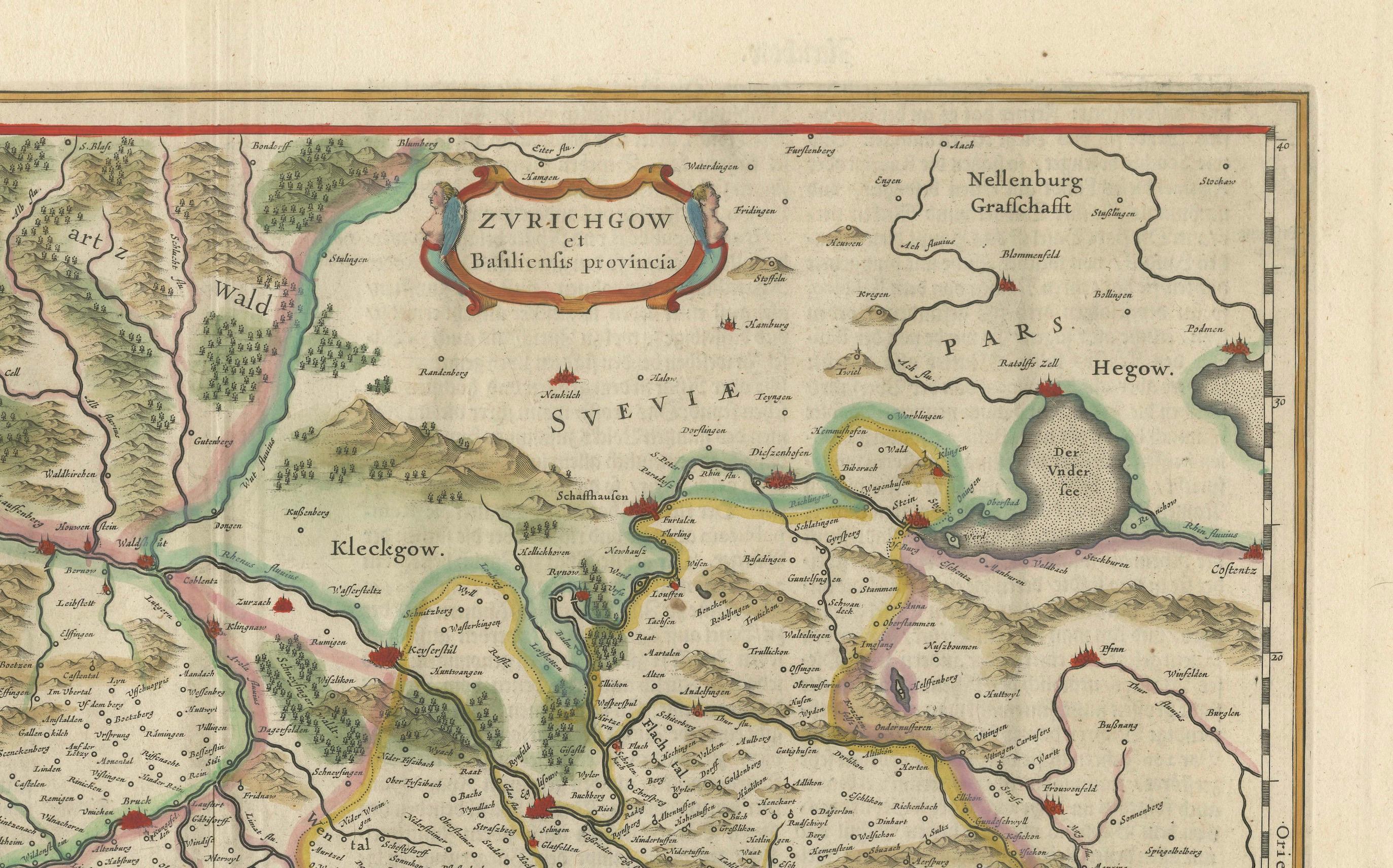 Milieu du XVIIe siècle Carte du nord-ouest de la Suisse ( région de Bâle et de Zurich) par Willem & Jan Blaeu en vente