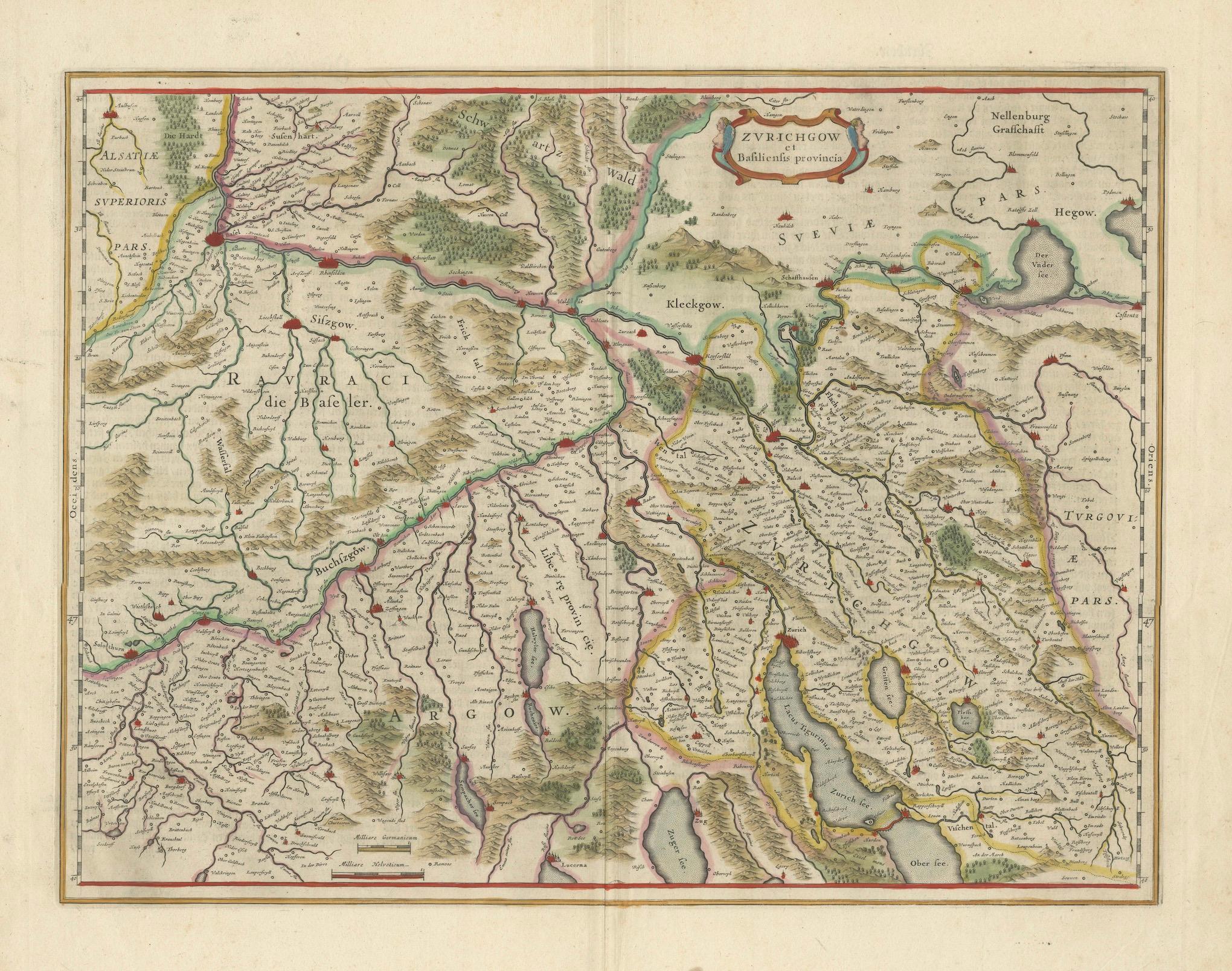 Papier Carte du nord-ouest de la Suisse ( région de Bâle et de Zurich) par Willem & Jan Blaeu en vente