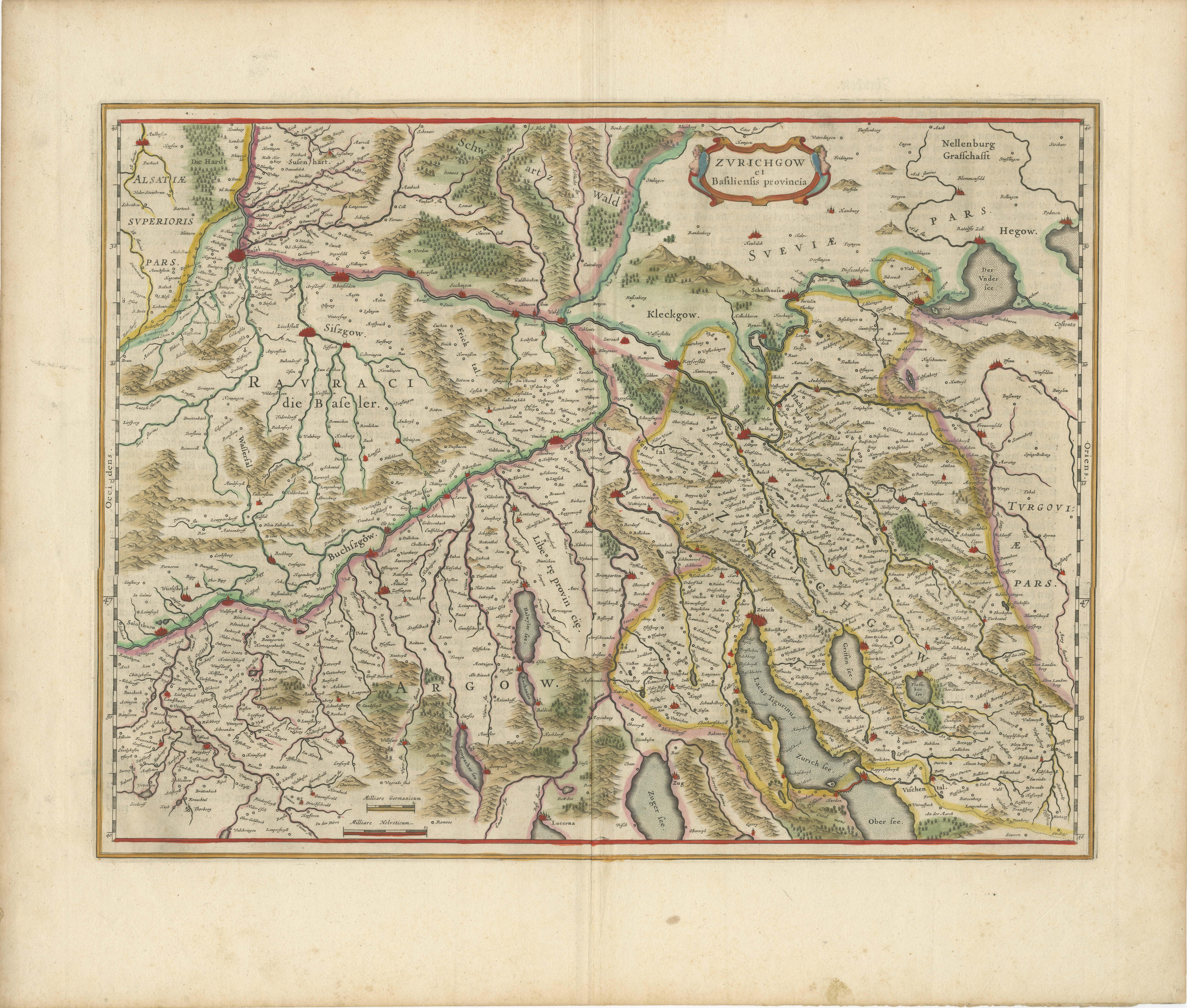 Carte du nord-ouest de la Suisse ( région de Bâle et de Zurich) par Willem & Jan Blaeu en vente 1