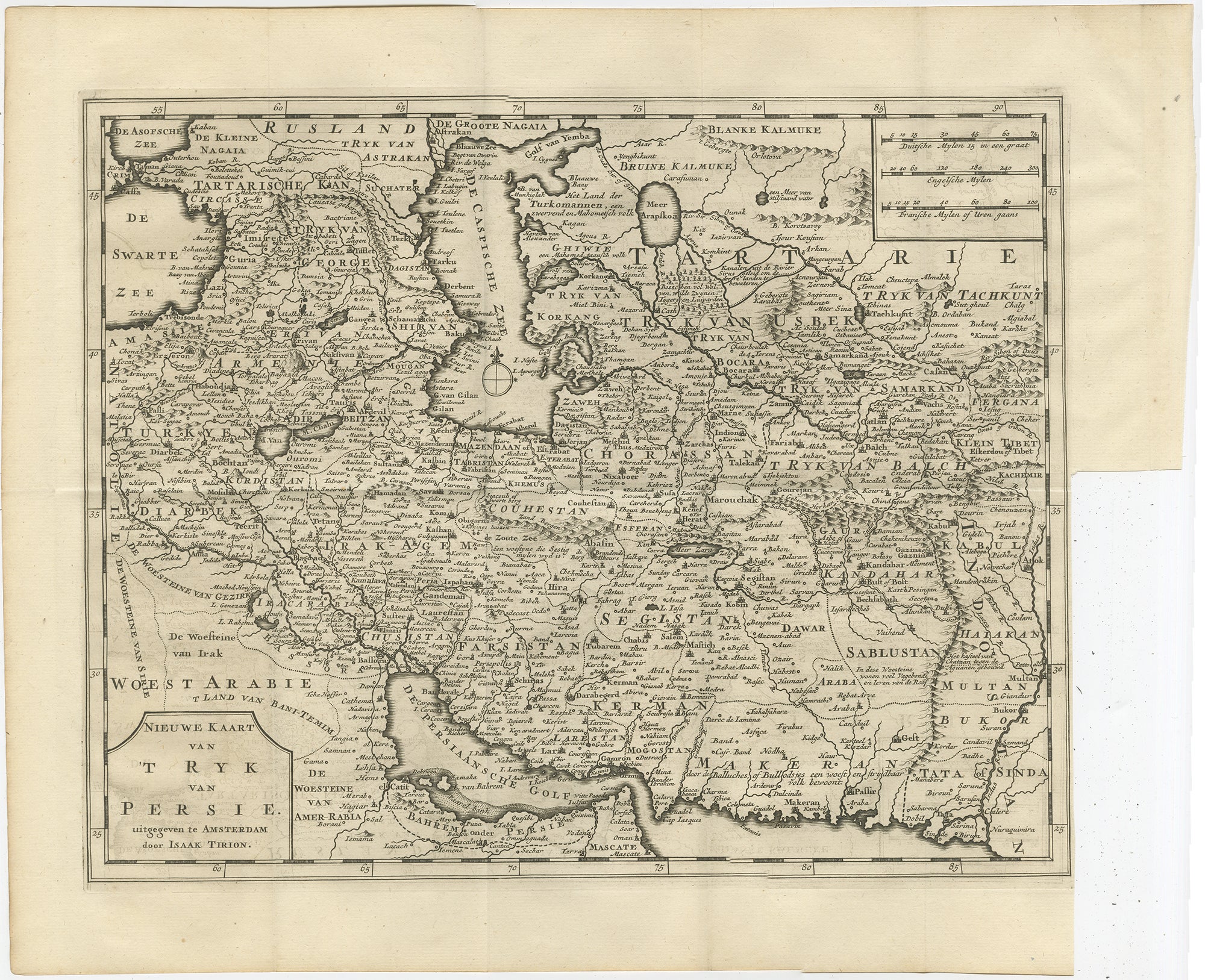 Map of Persia and Surrounding Regions – “Nieuwe Kaart van 't Ryck van Persie” by Isaak Tirion, Amsterdam, c. 1730

This finely detailed copperplate map titled “Nieuwe Kaart van 't Ryck van Persie” (New Map of the Empire of Persia) was published in