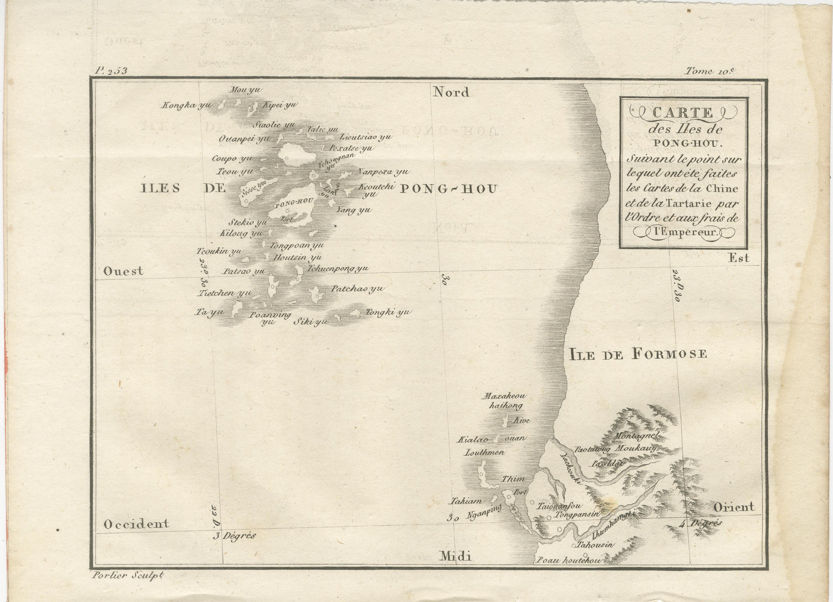 Carte des îles Pescadores (Pong-Hou) et de Formose - Gravure jésuite française de Portier, c.1790

Cette carte française finement gravée, réalisée par Portier vers 1790, représente les îles Pescadores (Iles de Pong-Hou) et une partie de la côte
