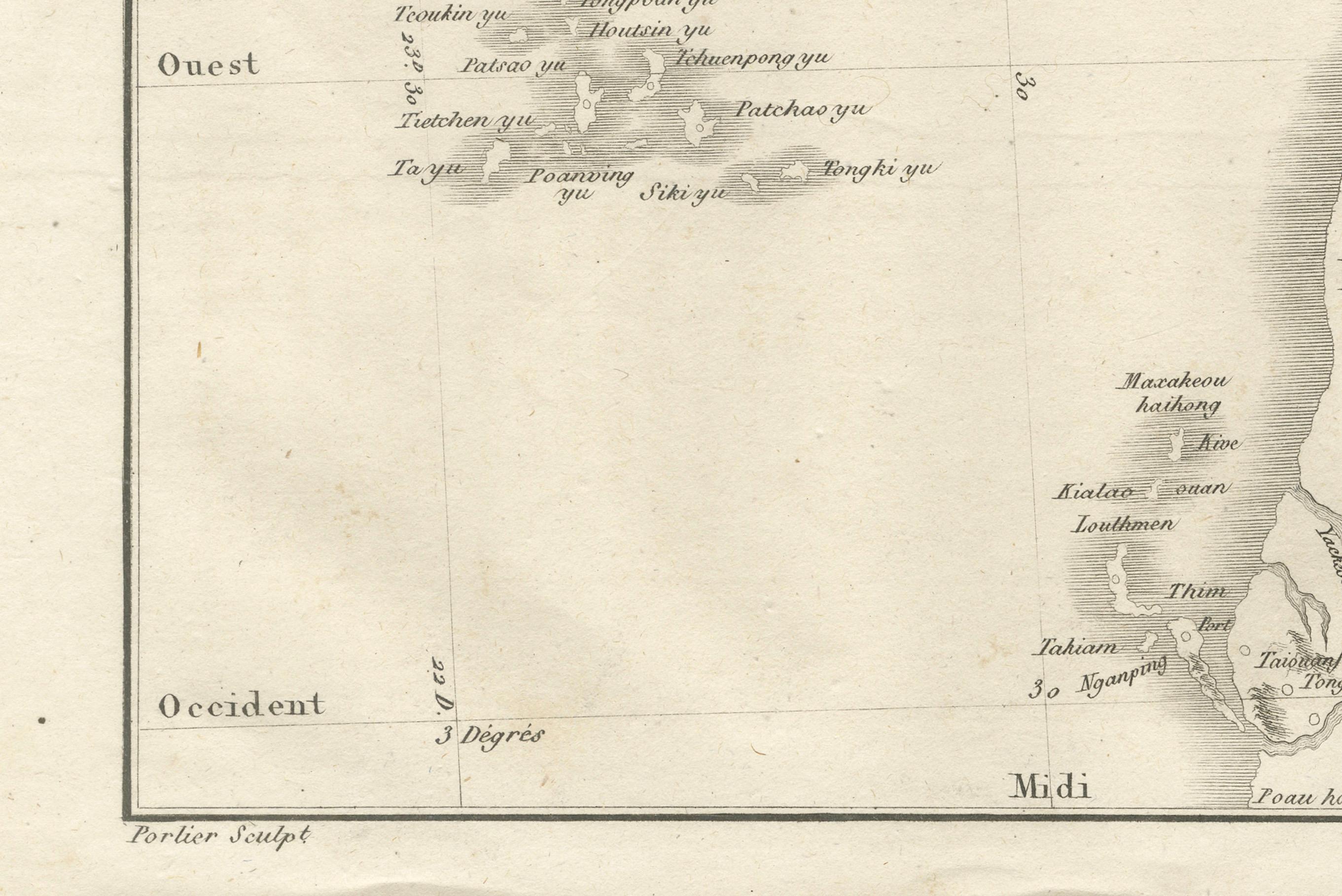 Français Carte des îles Pescadores (Pong-Hou) et de Formose - Gravure jésuite française, 1790 en vente