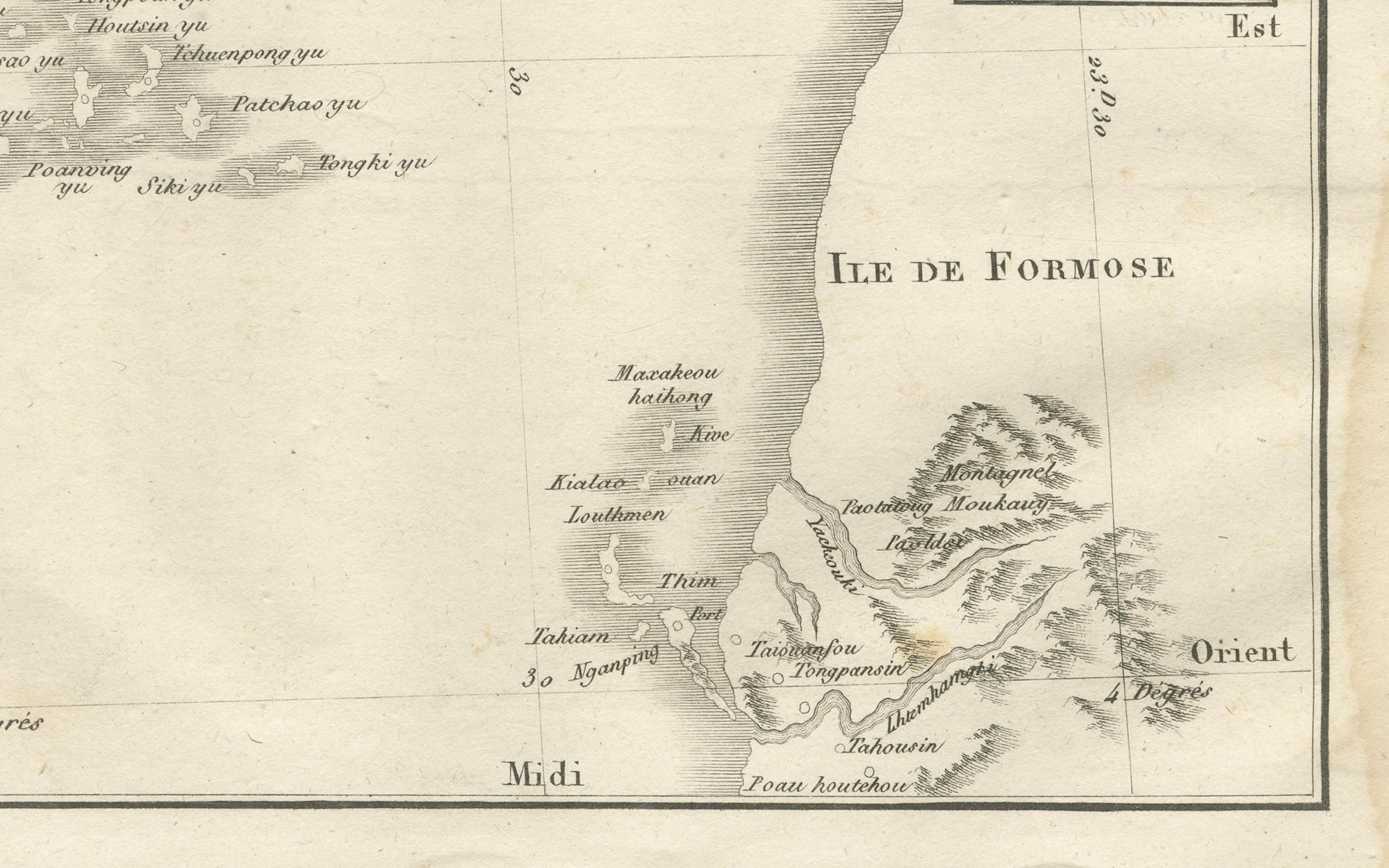 Gravé Carte des îles Pescadores (Pong-Hou) et de Formose - Gravure jésuite française, 1790 en vente