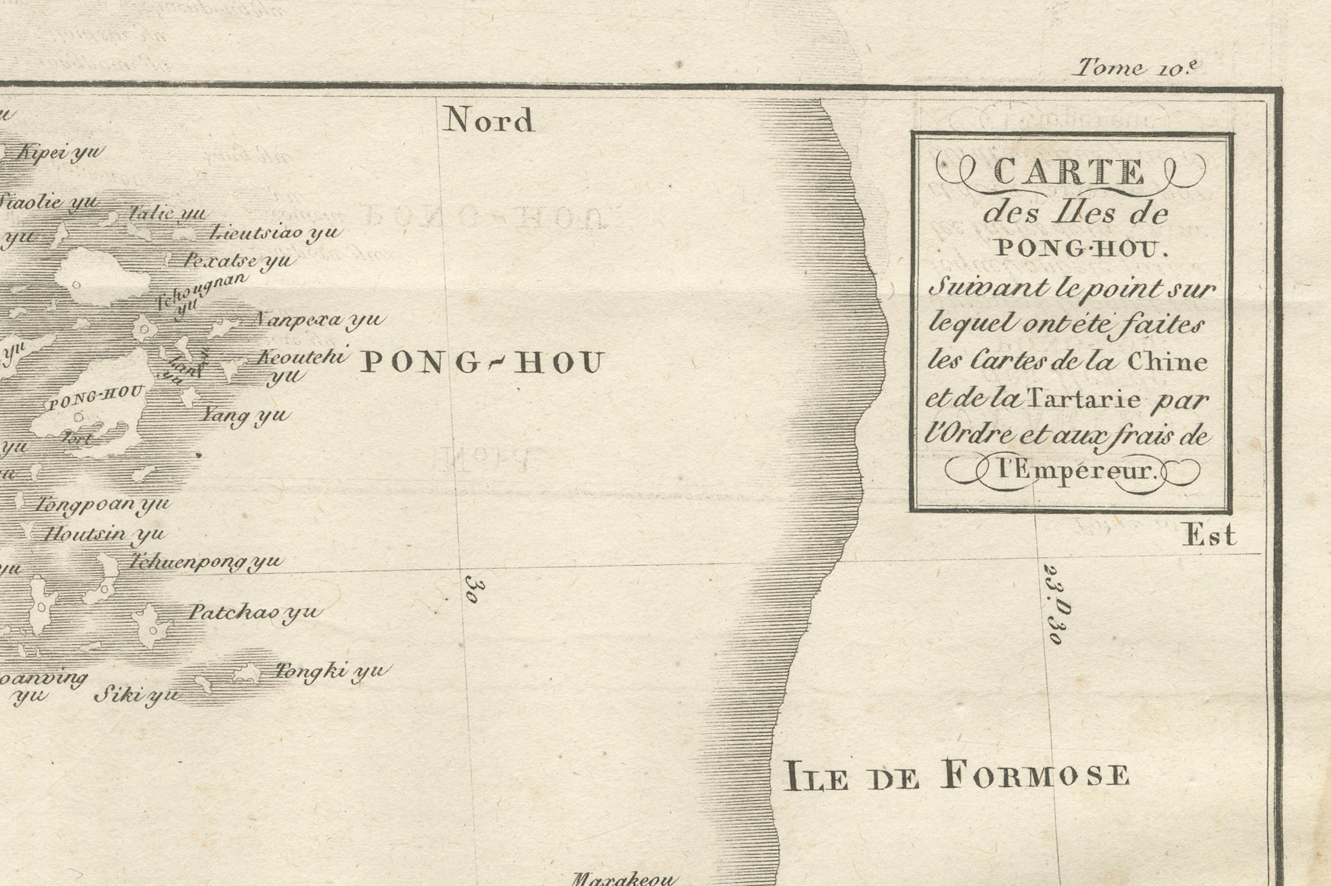 Carte des îles Pescadores (Pong-Hou) et de Formose - Gravure jésuite française, 1790 Bon état - En vente à Langweer, NL