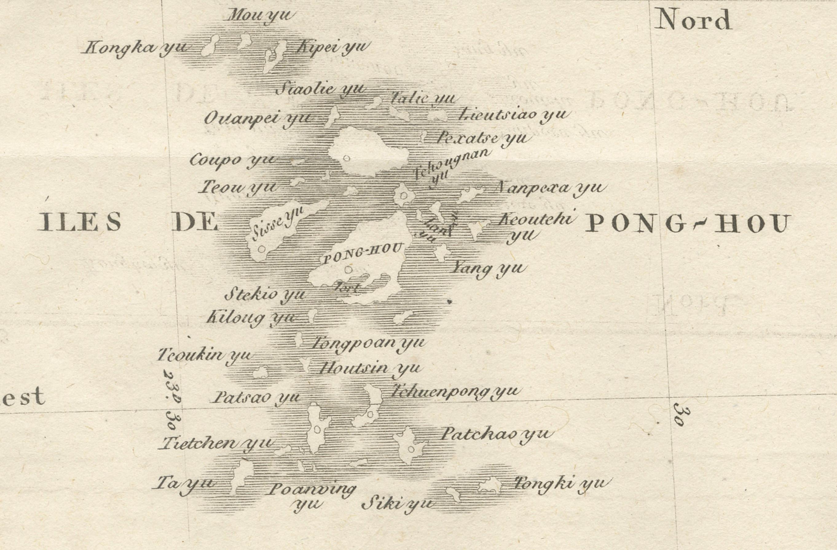 XVIIIe siècle Carte des îles Pescadores (Pong-Hou) et de Formose - Gravure jésuite française, 1790 en vente