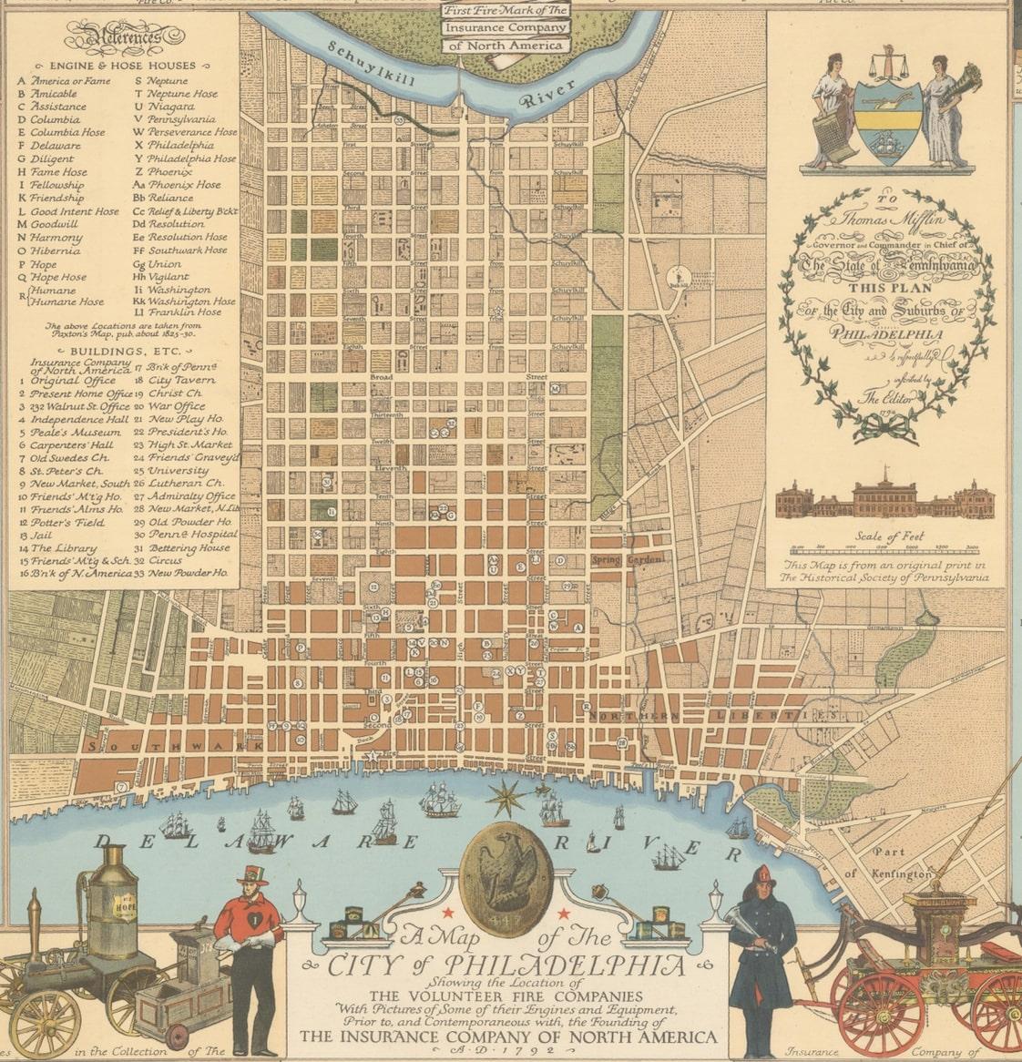 Diese aufwendige Karte von Philadelphia in Pennsylvania diente als historische Hommage an die ersten freiwilligen Feuerwehren der Stadt. Sie wurde von Jacob Riegel gezeichnet und von der Insurance Company of North America (INA) veröffentlicht. Die